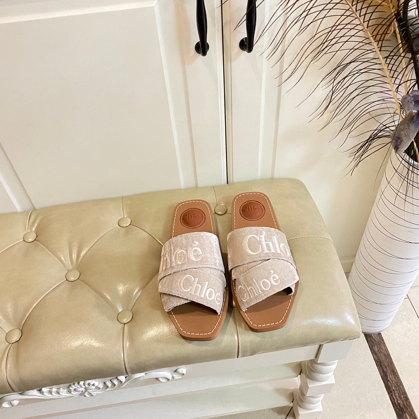 WOODY SLIDES IN LIGHT BEIGE IN VELVET WITH EMBROIDERED LOGO STRAPS