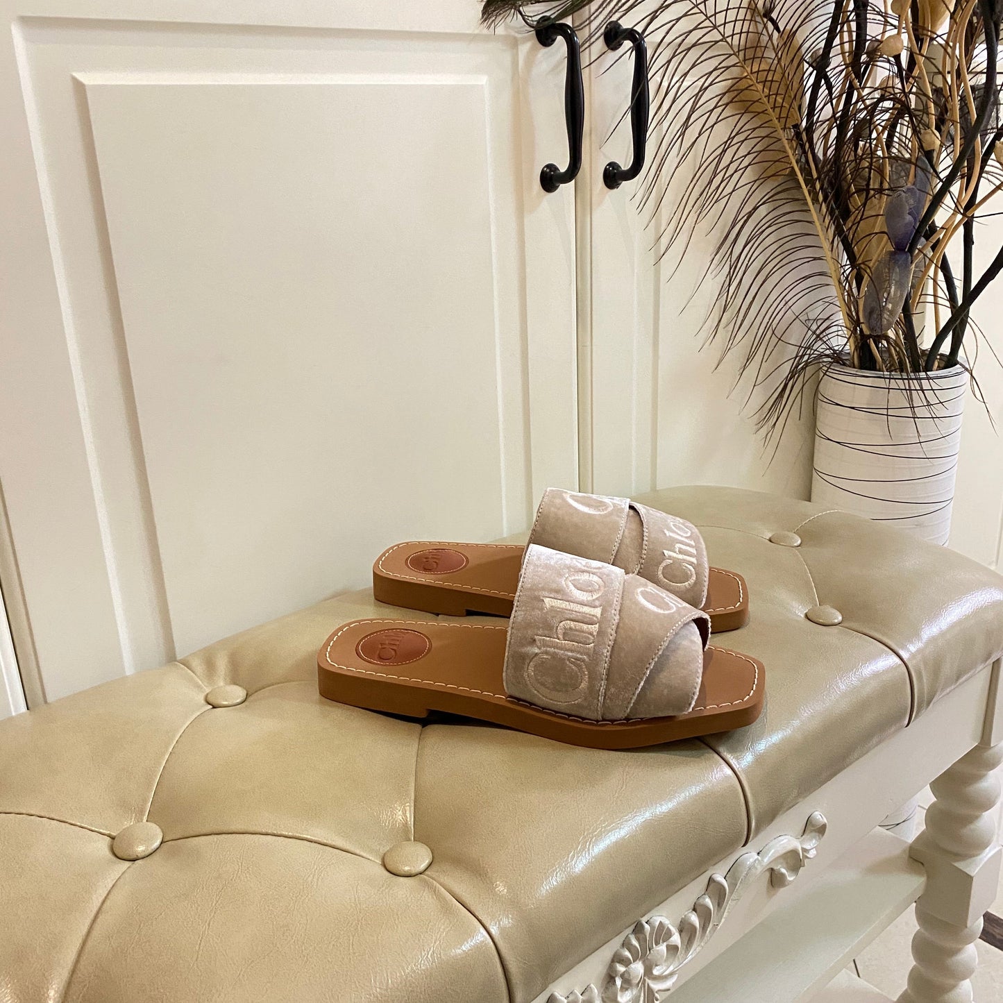 WOODY SLIDES IN LIGHT BEIGE IN VELVET WITH EMBROIDERED LOGO STRAPS