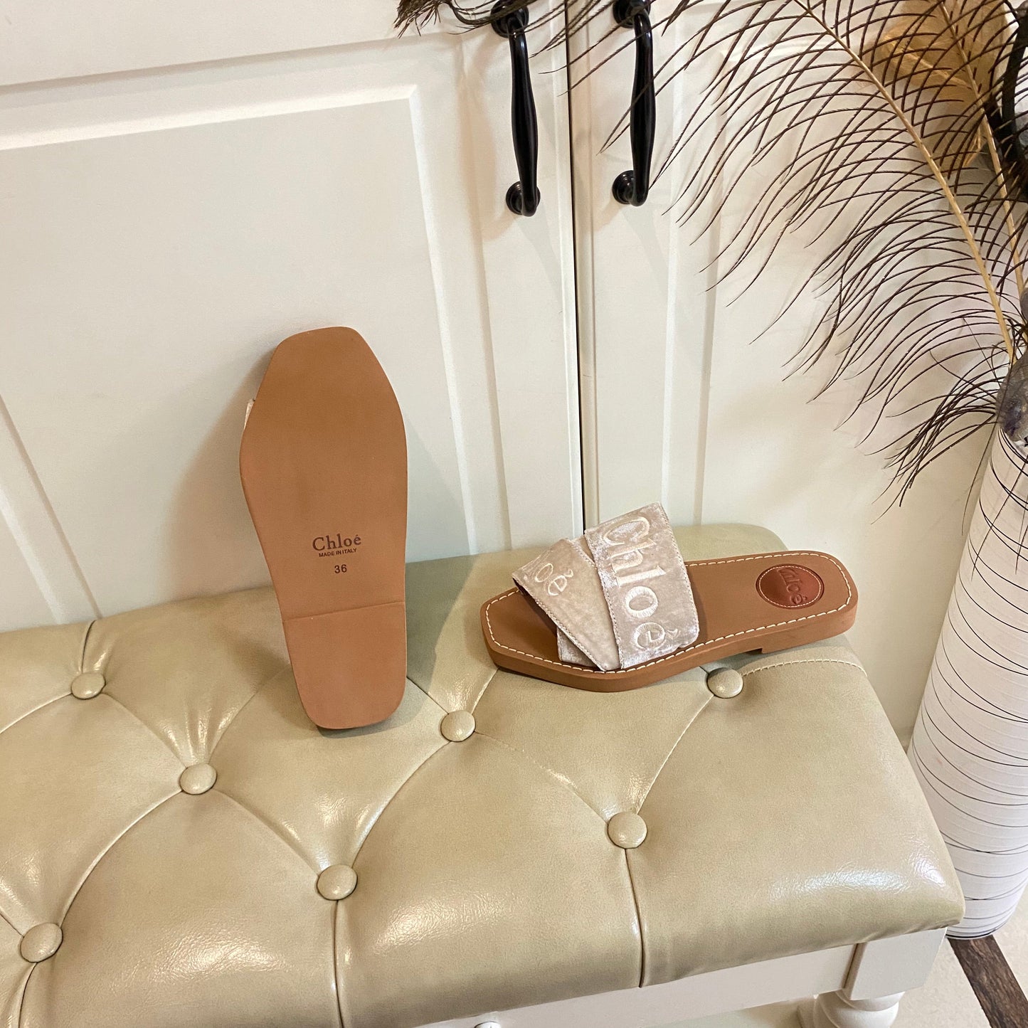 WOODY SLIDES IN LIGHT BEIGE IN VELVET WITH EMBROIDERED LOGO STRAPS