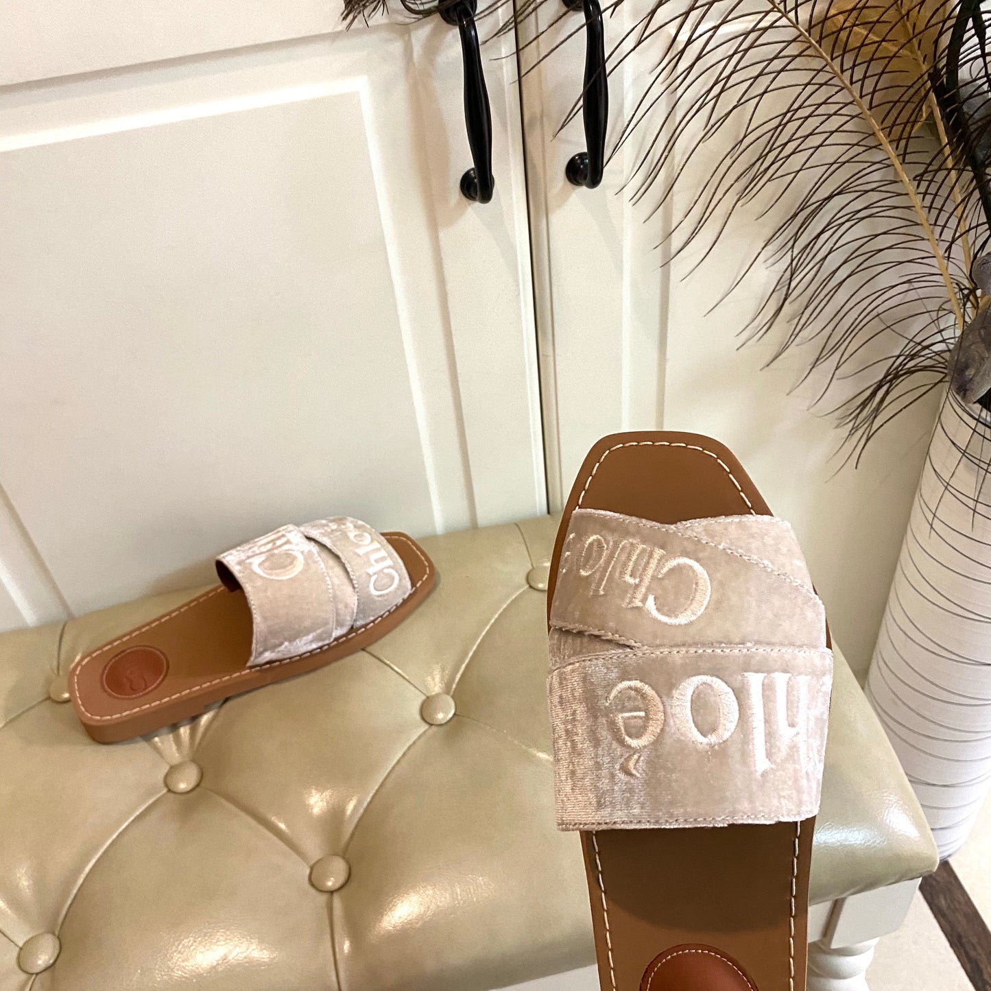 WOODY SLIDES IN LIGHT BEIGE IN VELVET WITH EMBROIDERED LOGO STRAPS
