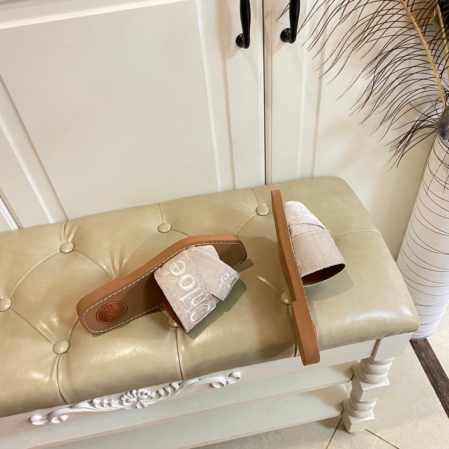 WOODY SLIDES IN LIGHT BEIGE IN VELVET WITH EMBROIDERED LOGO STRAPS