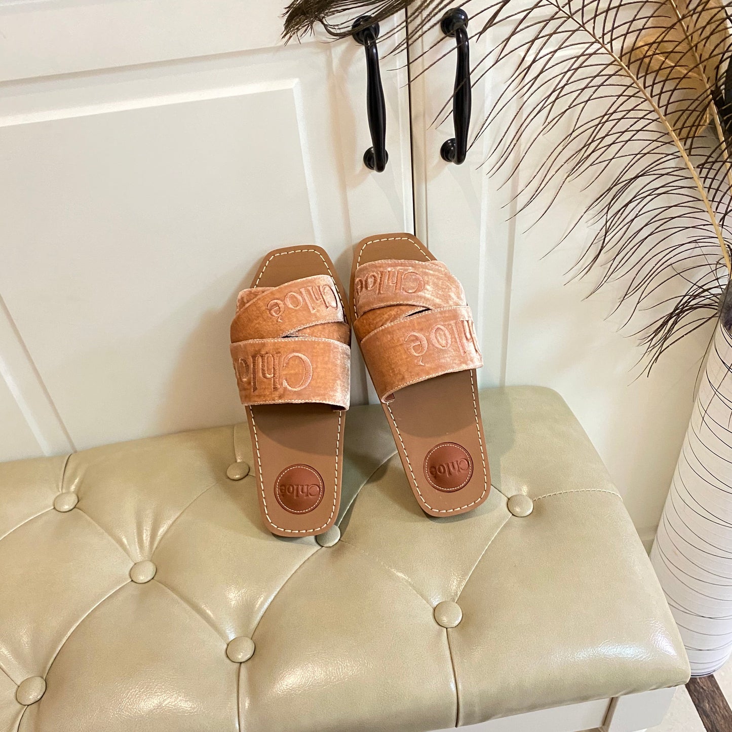 WOODY SLIDES IN DARK BEIGE IN VELVET WITH EMBROIDERED LOGO STRAPS