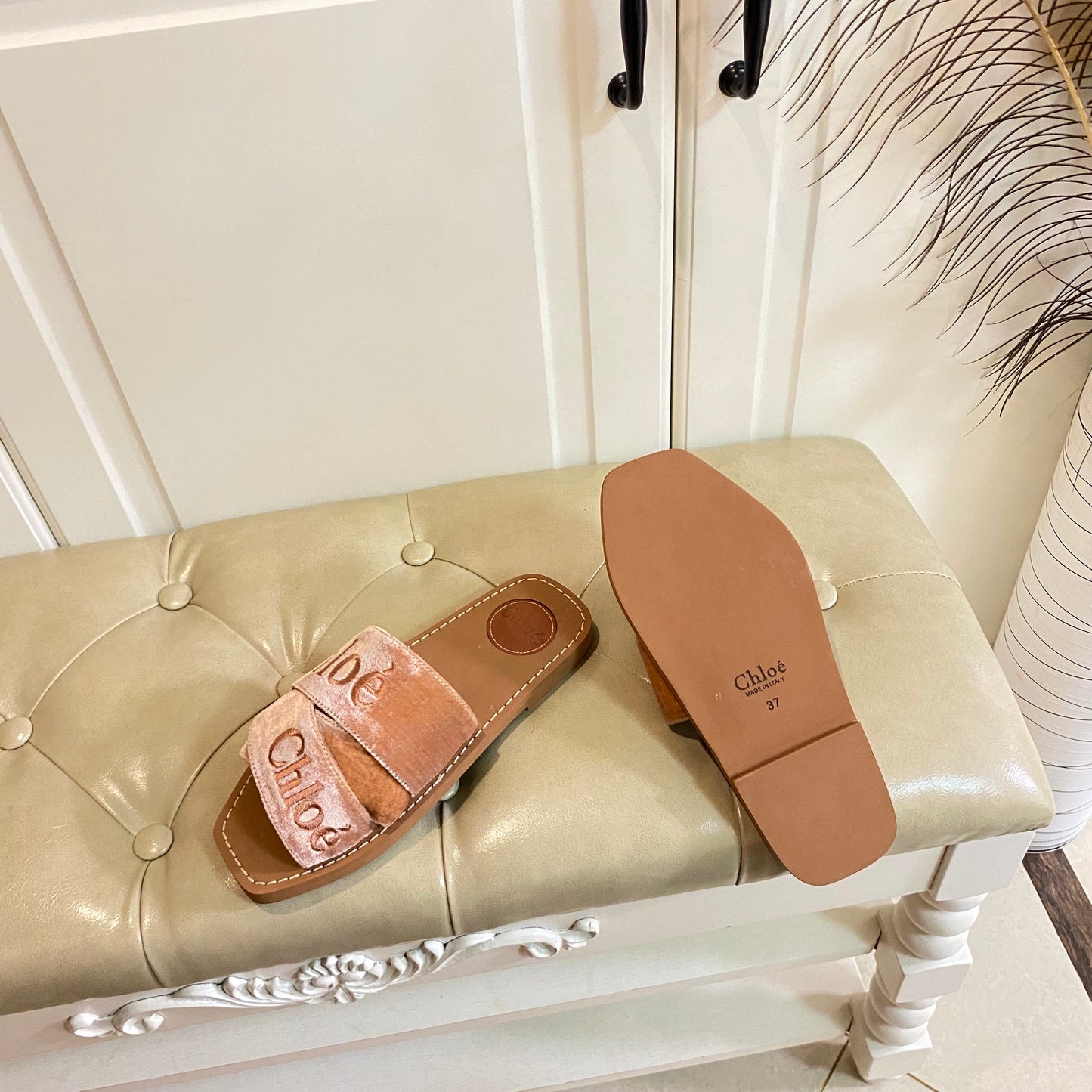 WOODY SLIDES IN DARK BEIGE IN VELVET WITH EMBROIDERED LOGO STRAPS