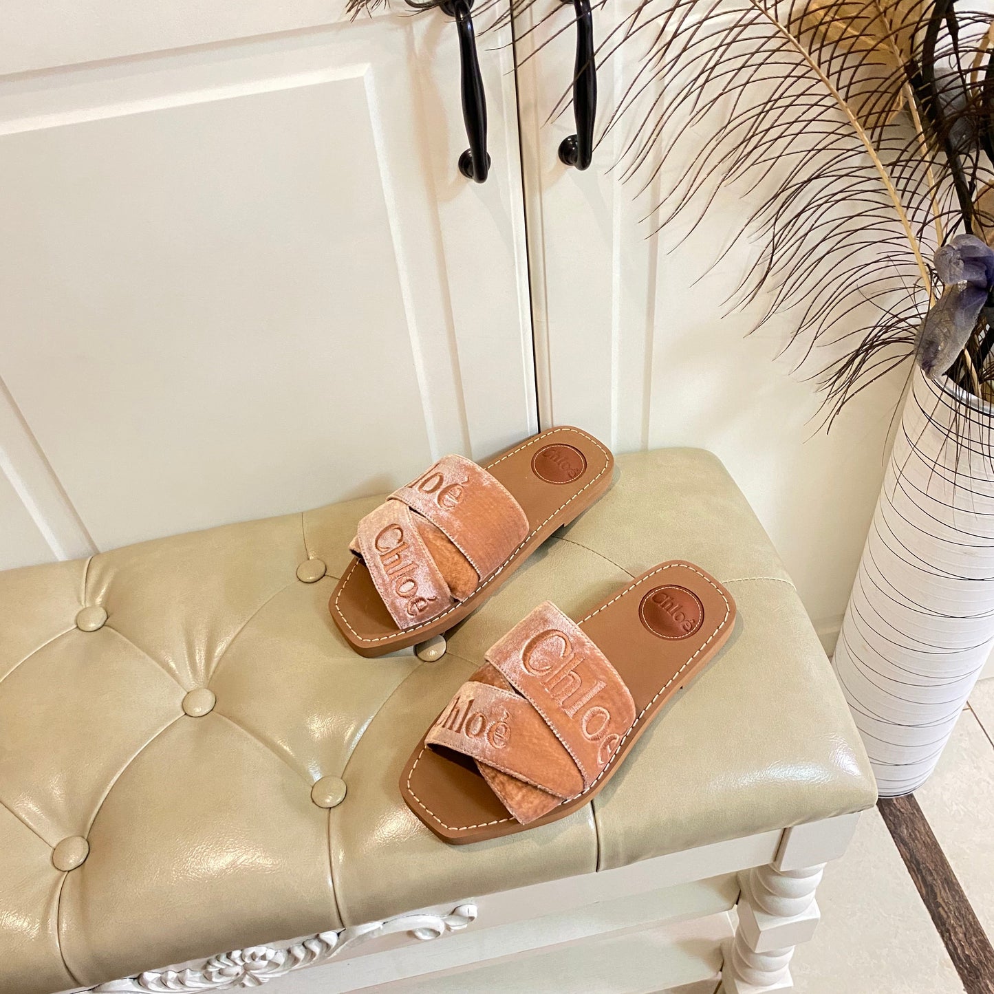 WOODY SLIDES IN DARK BEIGE IN VELVET WITH EMBROIDERED LOGO STRAPS