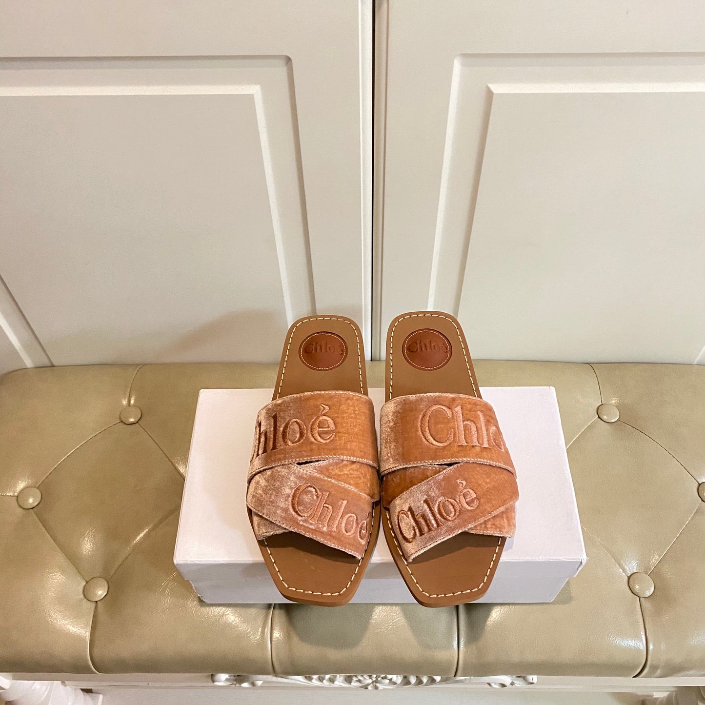 WOODY SLIDES IN DARK BEIGE IN VELVET WITH EMBROIDERED LOGO STRAPS