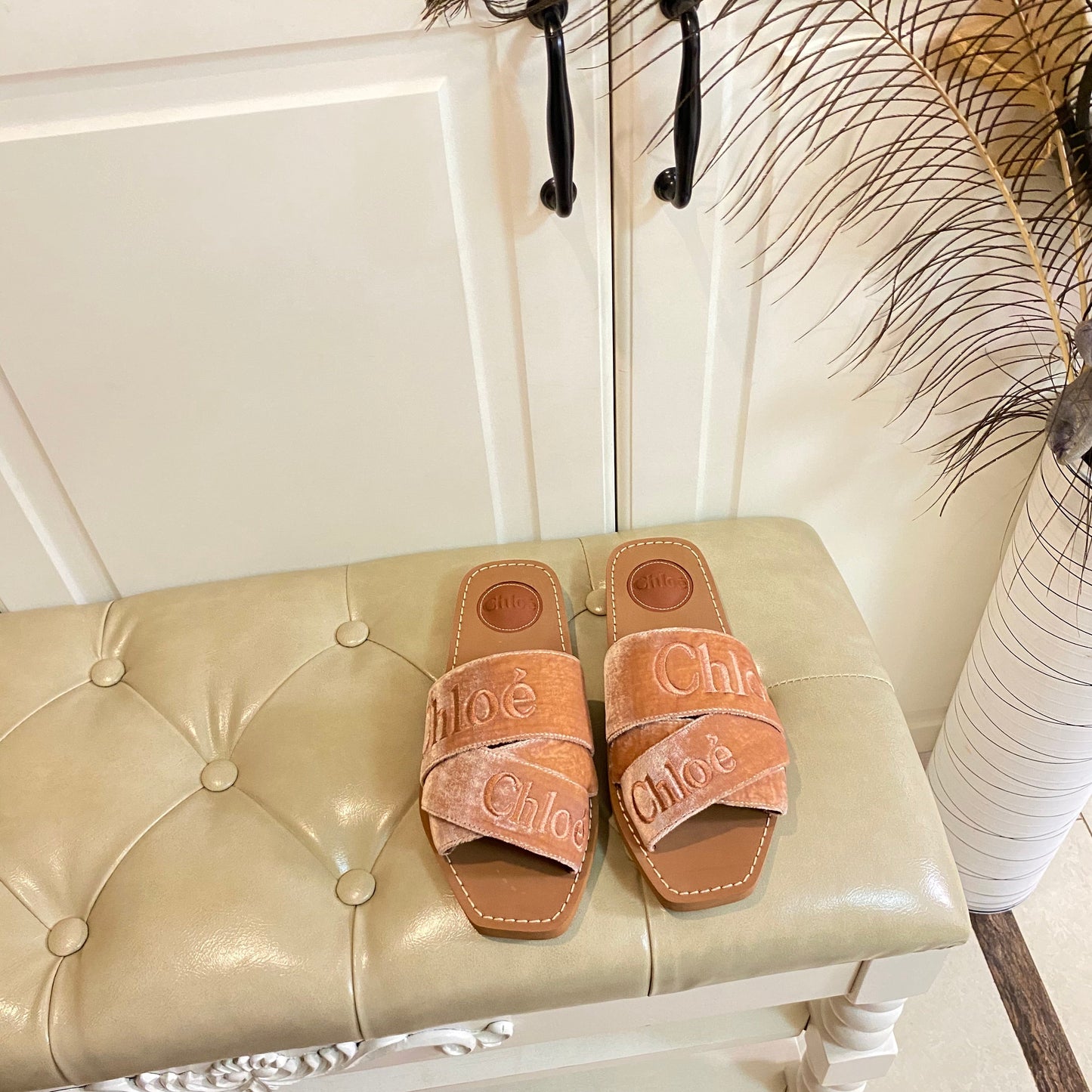 WOODY SLIDES IN DARK BEIGE IN VELVET WITH EMBROIDERED LOGO STRAPS