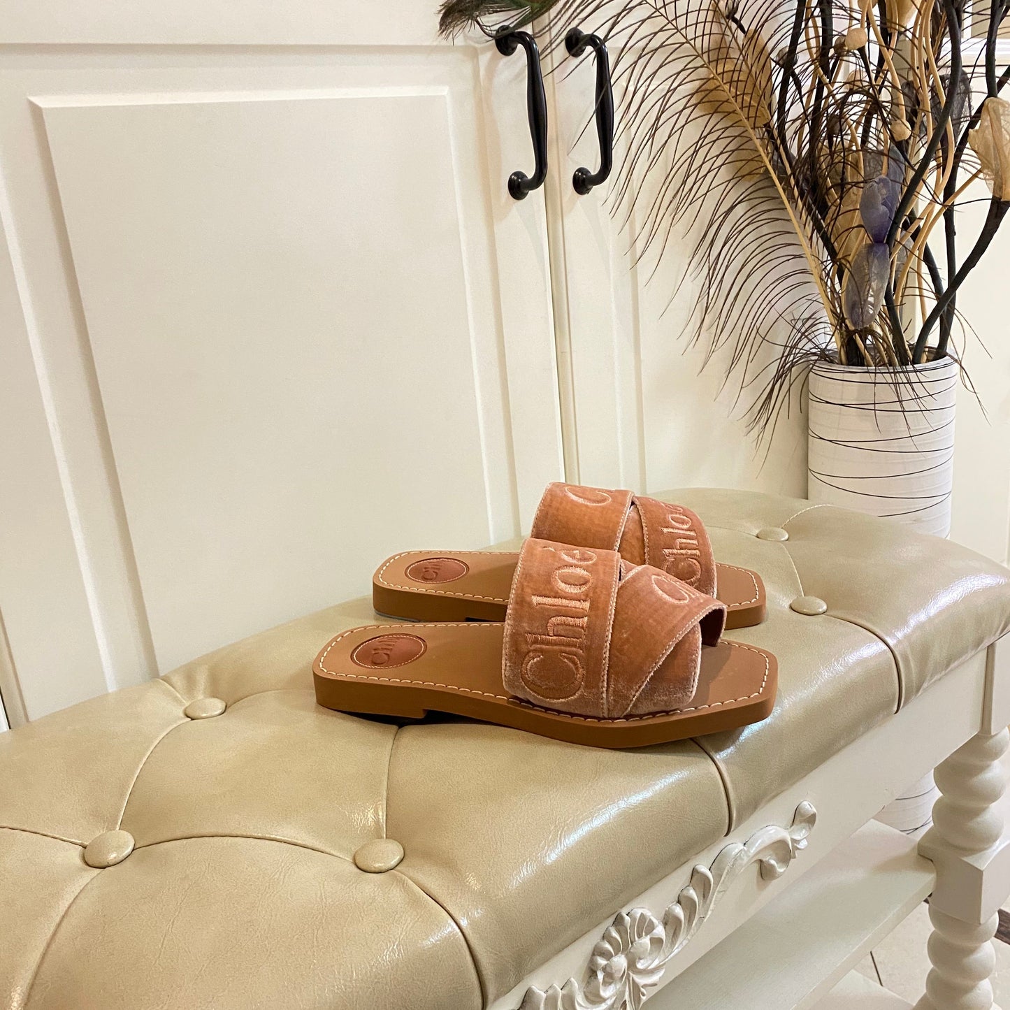 WOODY SLIDES IN DARK BEIGE IN VELVET WITH EMBROIDERED LOGO STRAPS
