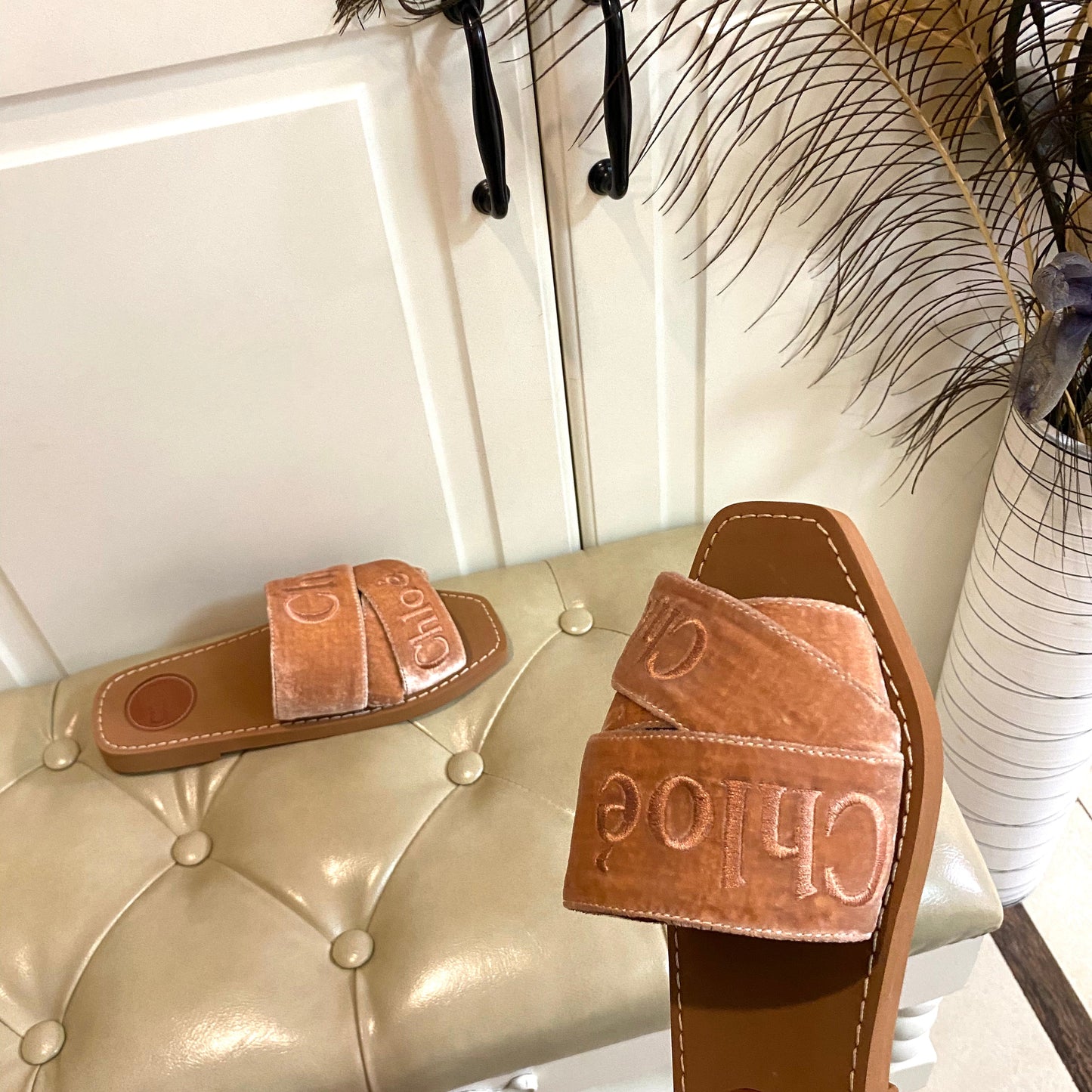 WOODY SLIDES IN DARK BEIGE IN VELVET WITH EMBROIDERED LOGO STRAPS