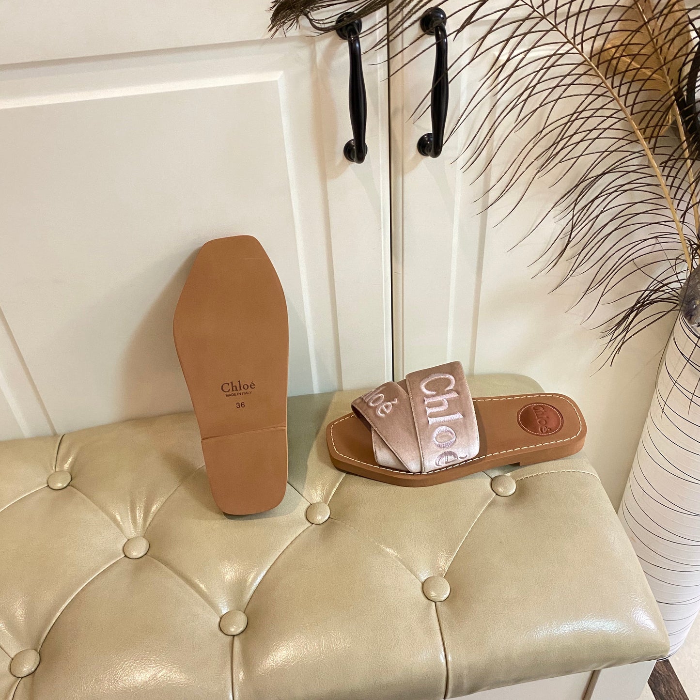 WOODY SLIDES IN DARK PINK IN VELVET WITH EMBROIDERED LOGO STRAPS