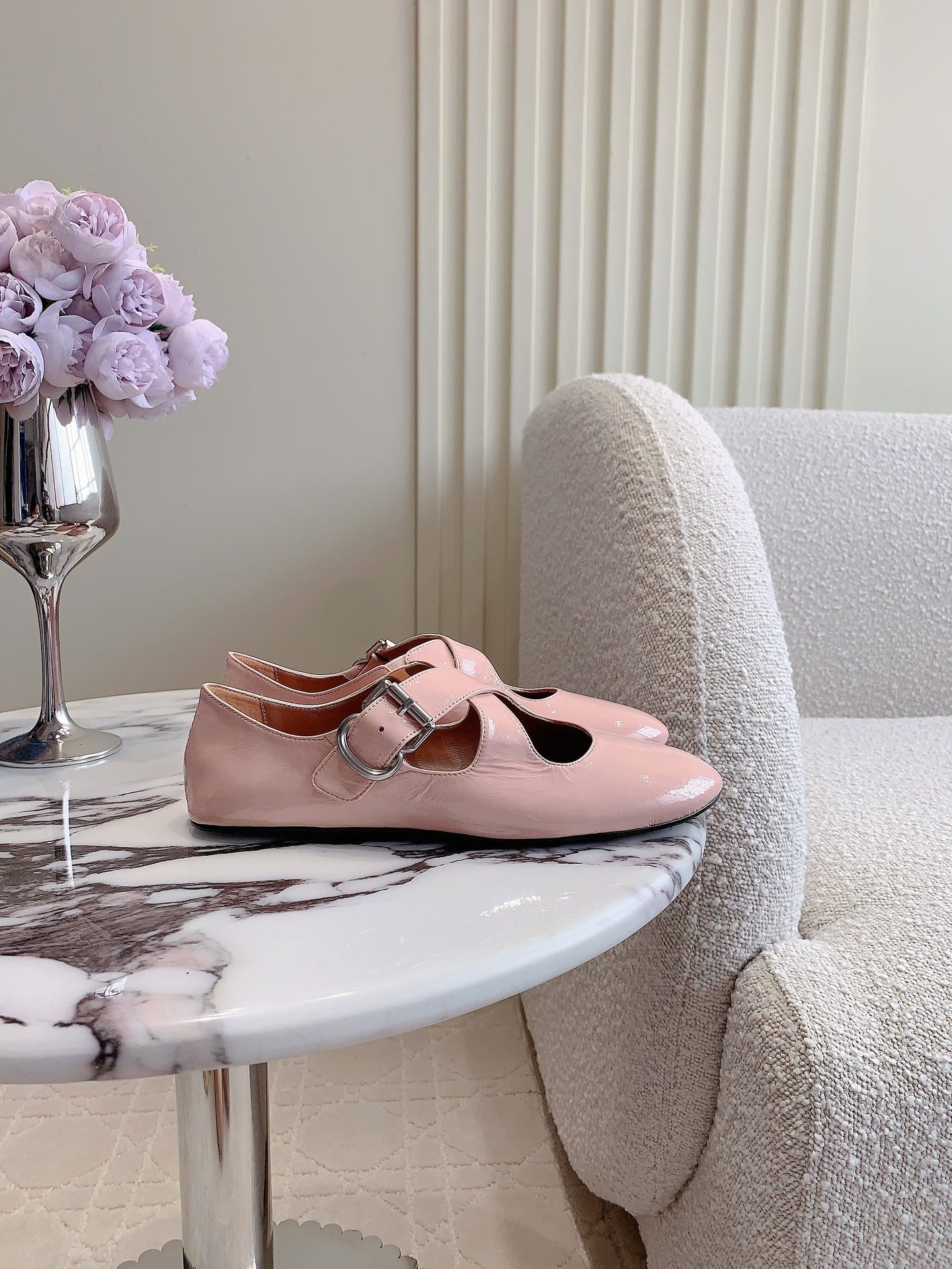 ALAIA CRISS CROSS BALLET FLAT IN BABY PINK LAMBSKIN WITH SILVER HARDWARE