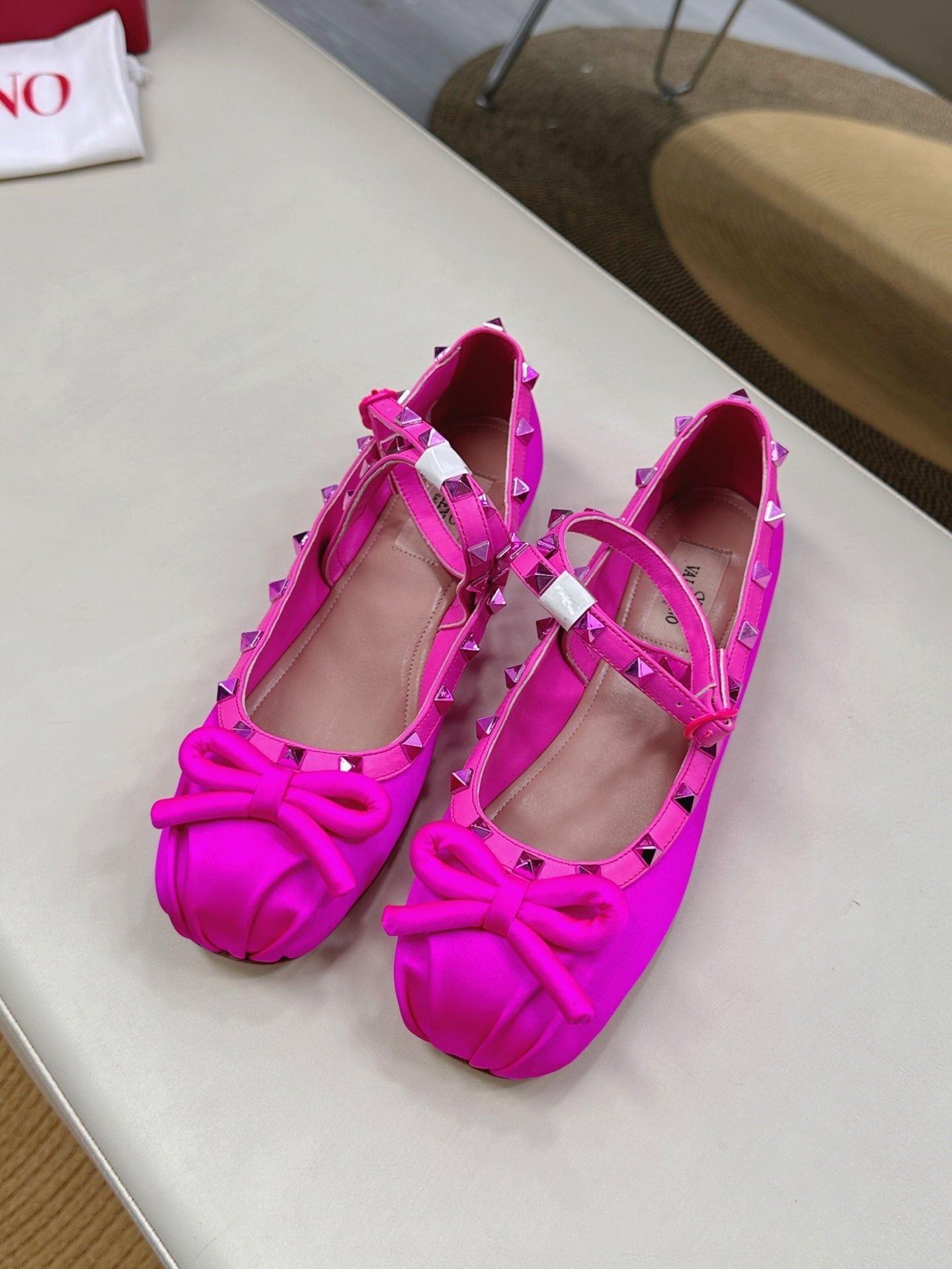 VALEN GARAVANI ROCKSTUD BALLERINAS IN HOT PINK SATIN