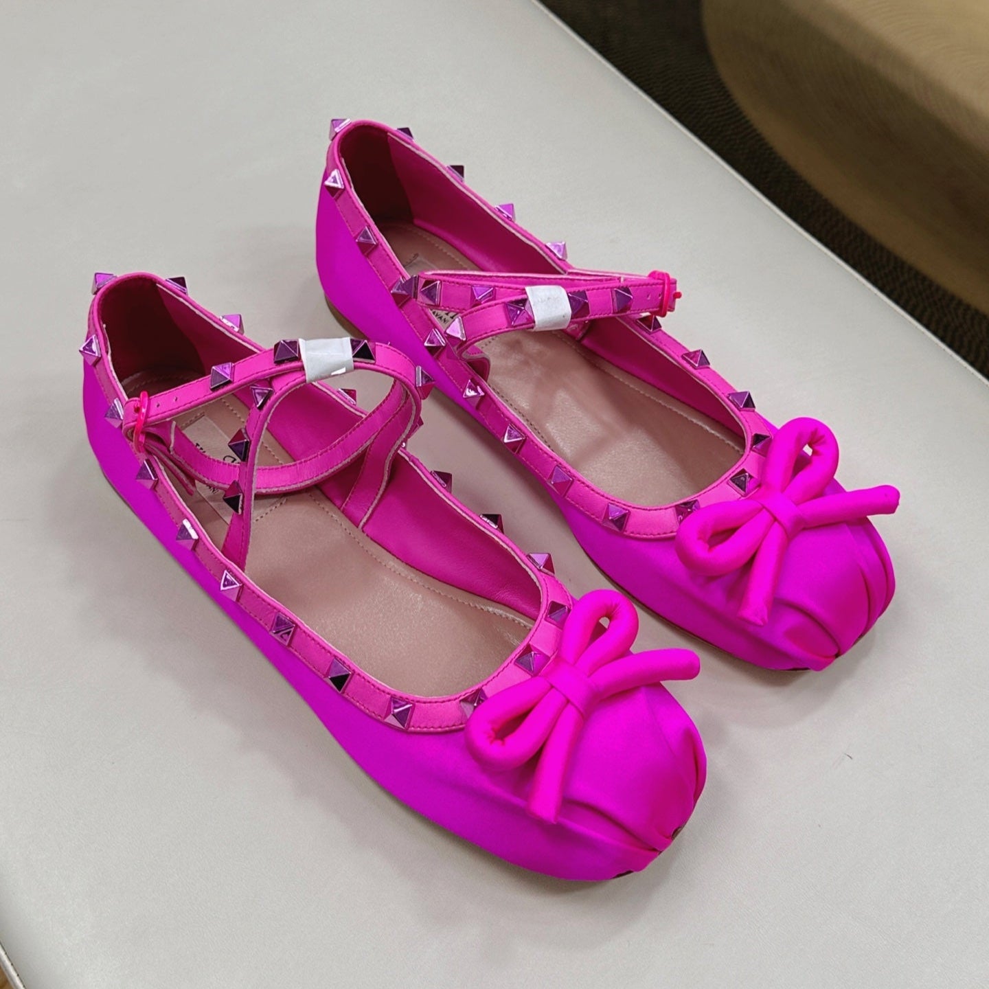 VALEN GARAVANI ROCKSTUD BALLERINAS IN HOT PINK SATIN
