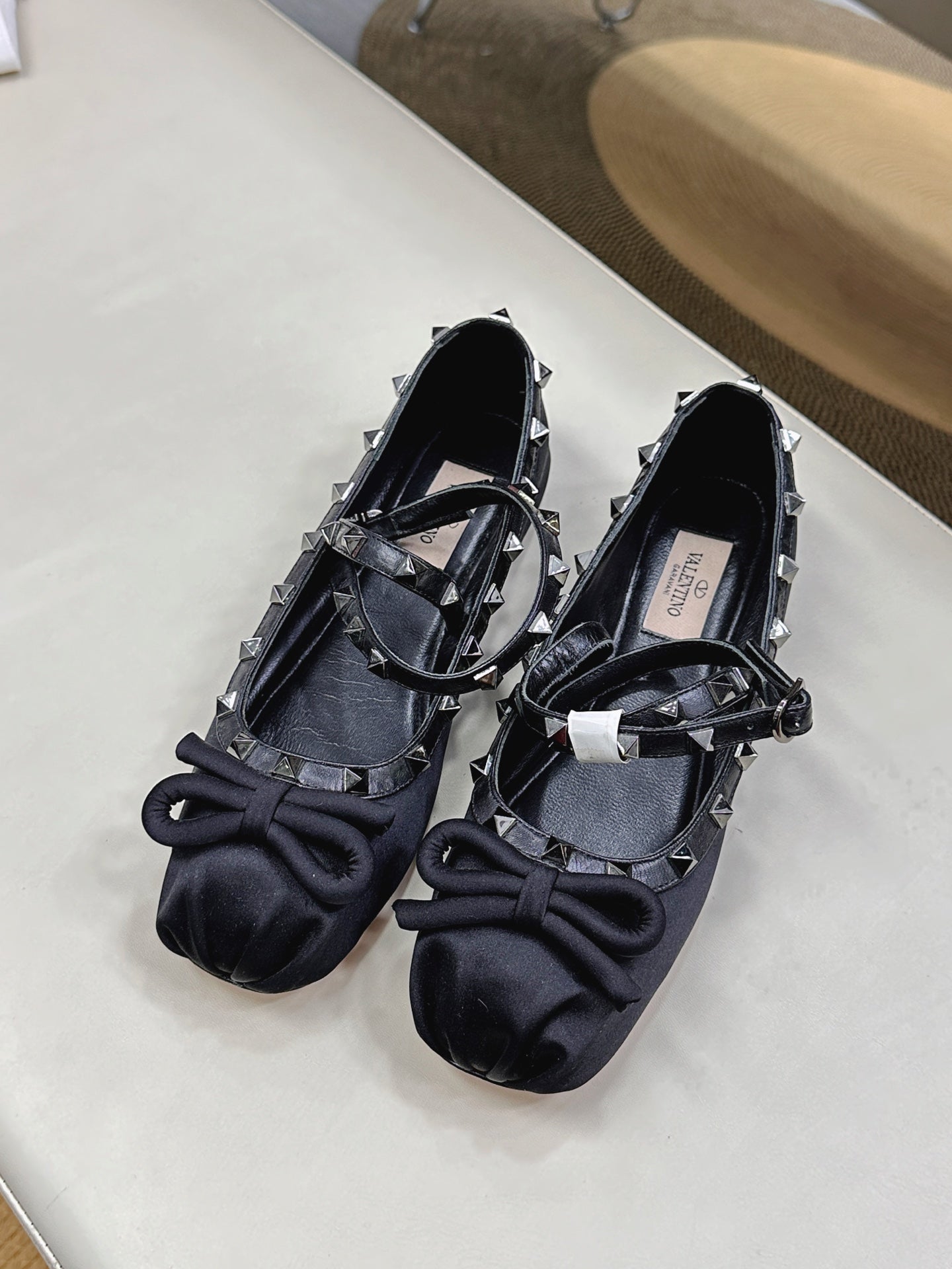 VALEN GARAVANI ROCKSTUD BALLERINAS IN BLACK SATIN