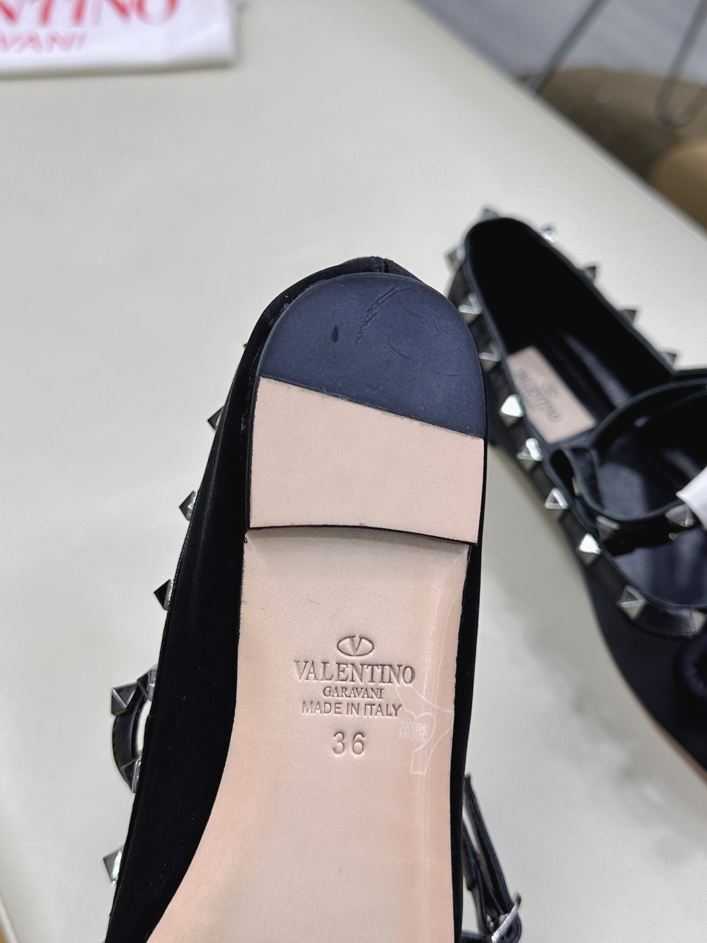 VALEN GARAVANI ROCKSTUD BALLERINAS IN BLACK SATIN