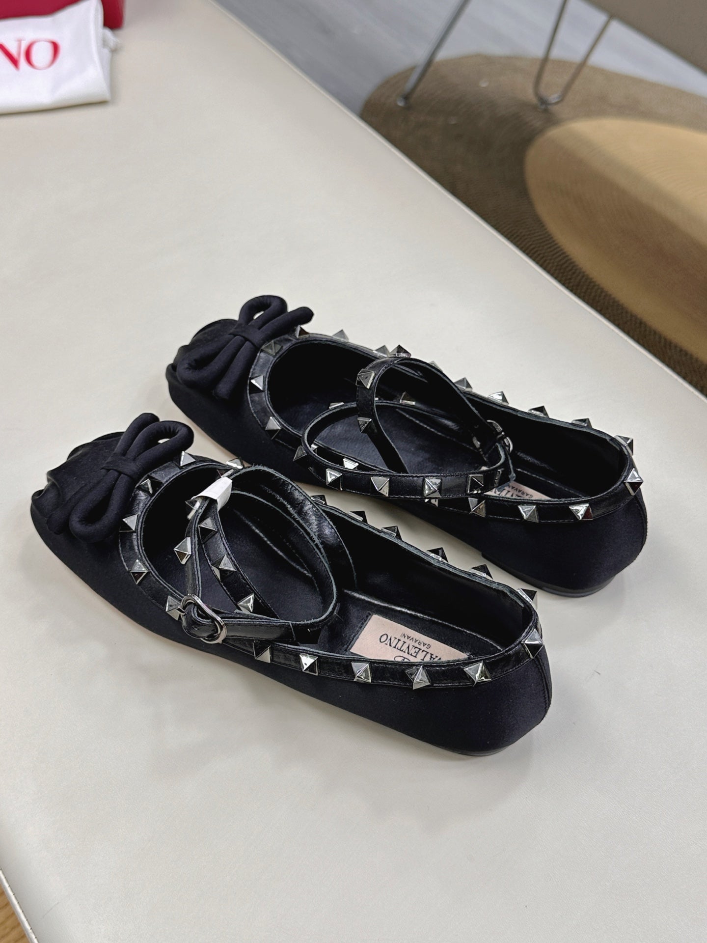 VALEN GARAVANI ROCKSTUD BALLERINAS IN BLACK SATIN