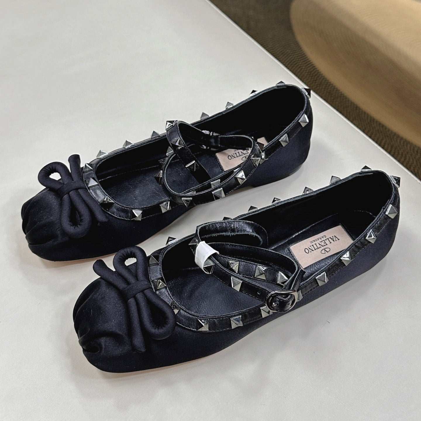 VALEN GARAVANI ROCKSTUD BALLERINAS IN BLACK SATIN