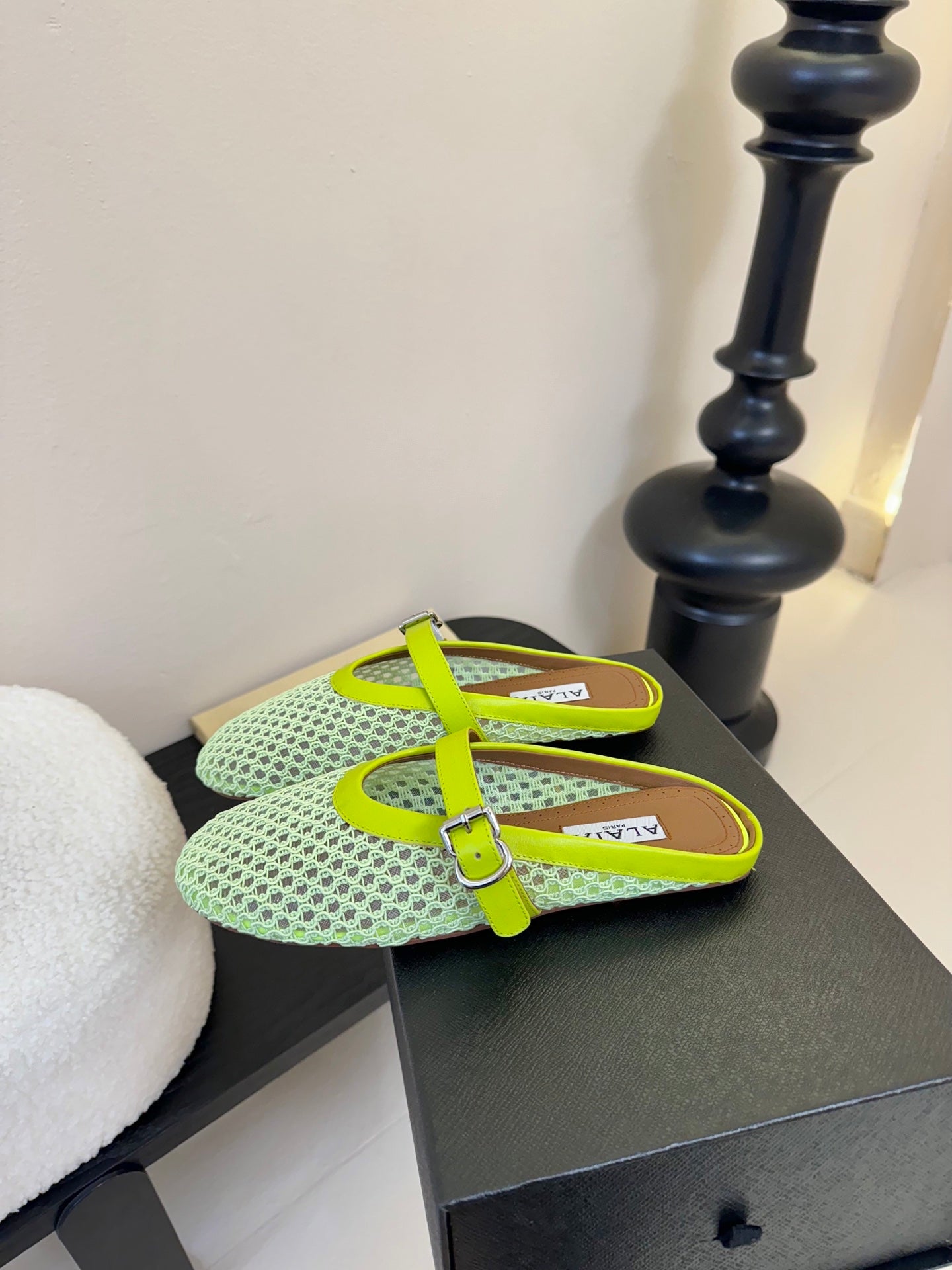 ALAIA FLAT MULES 25S IN MINT GREEN WOVEN MESH