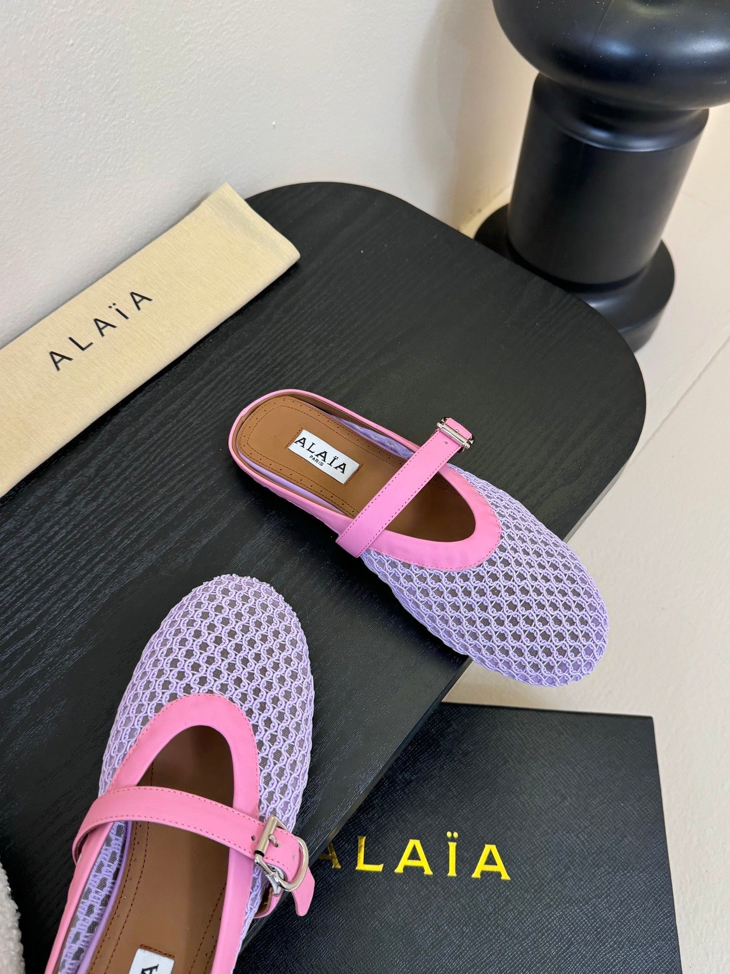 ALAIA FLAT MULES 25S IN PURPLE MIX PINK WOVEN MESH
