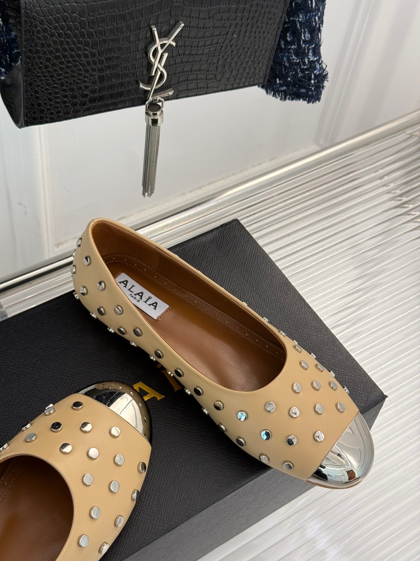 STUD-EMBELLISHED BALLET FLATS IN SEPIA TAN CALFSKIN