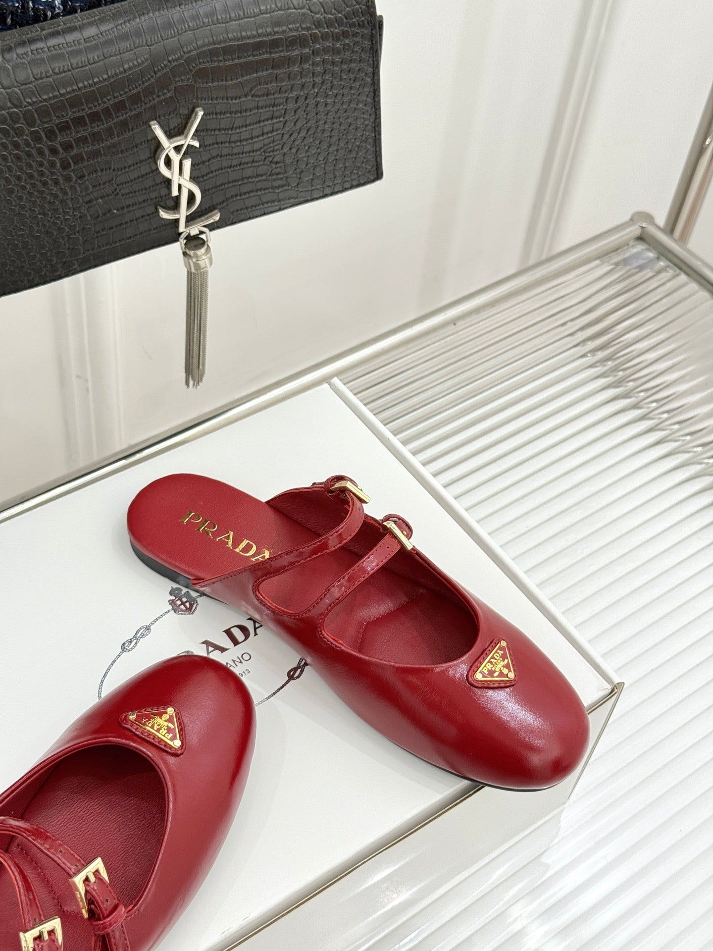 PRADA 25S DUAL MARY JANE BALLERINA MULES IN RED WINE CALFSKIN