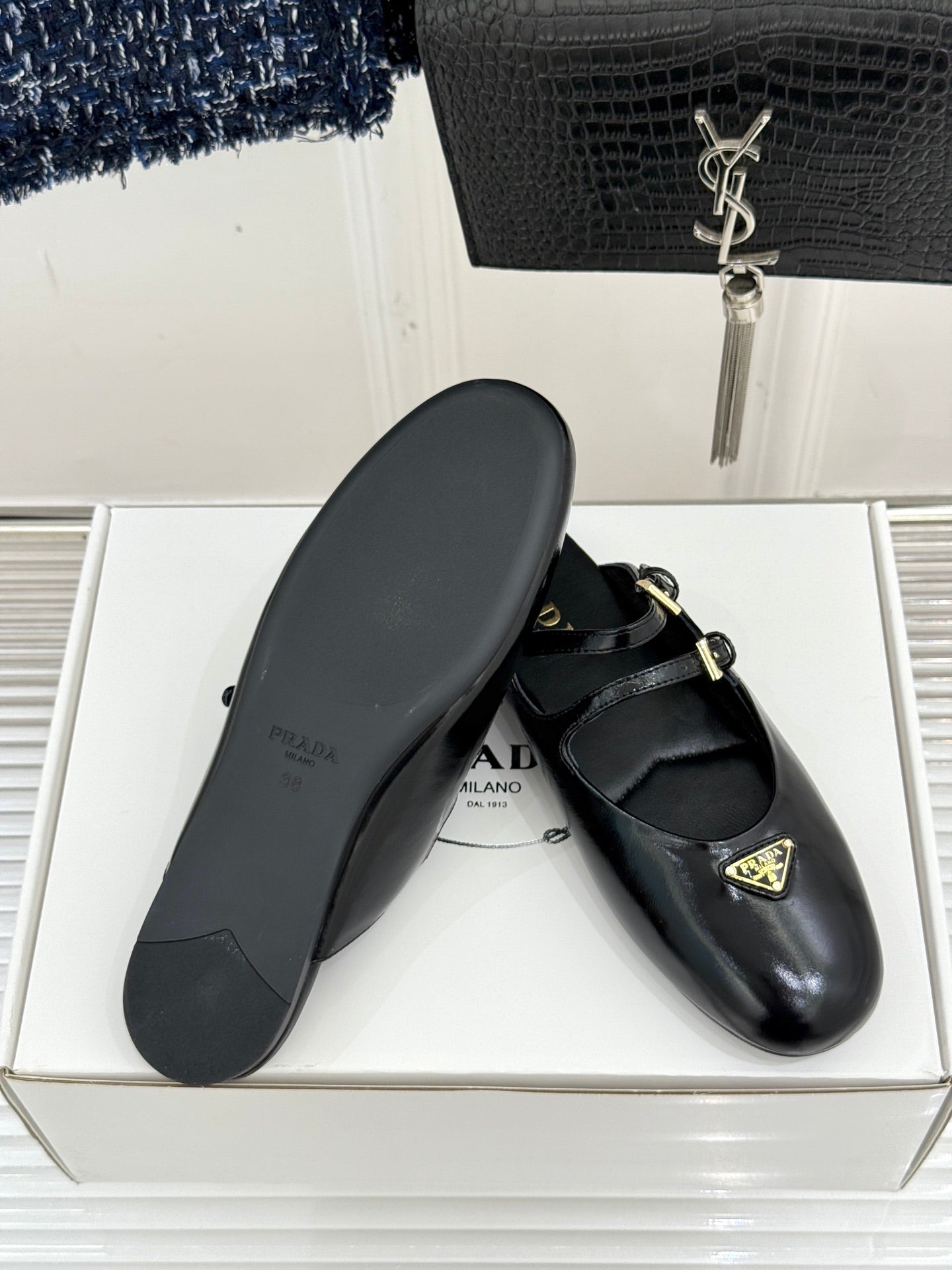 PRADA 25S DUAL MARY JANE BALLERINA MULES IN BLACK CALFSKIN