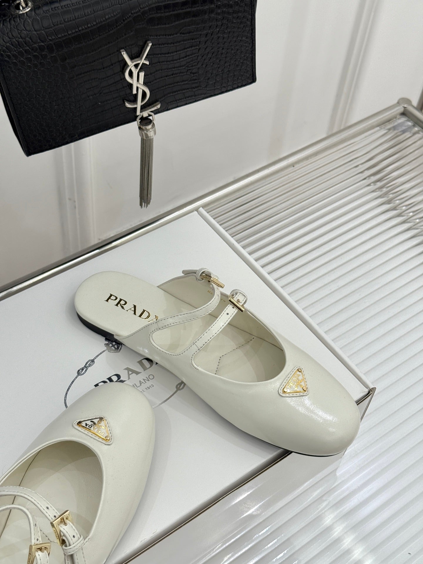 PRADA 25S DUAL MARY JANE BALLERINA MULES IN IVORY CALFSKIN