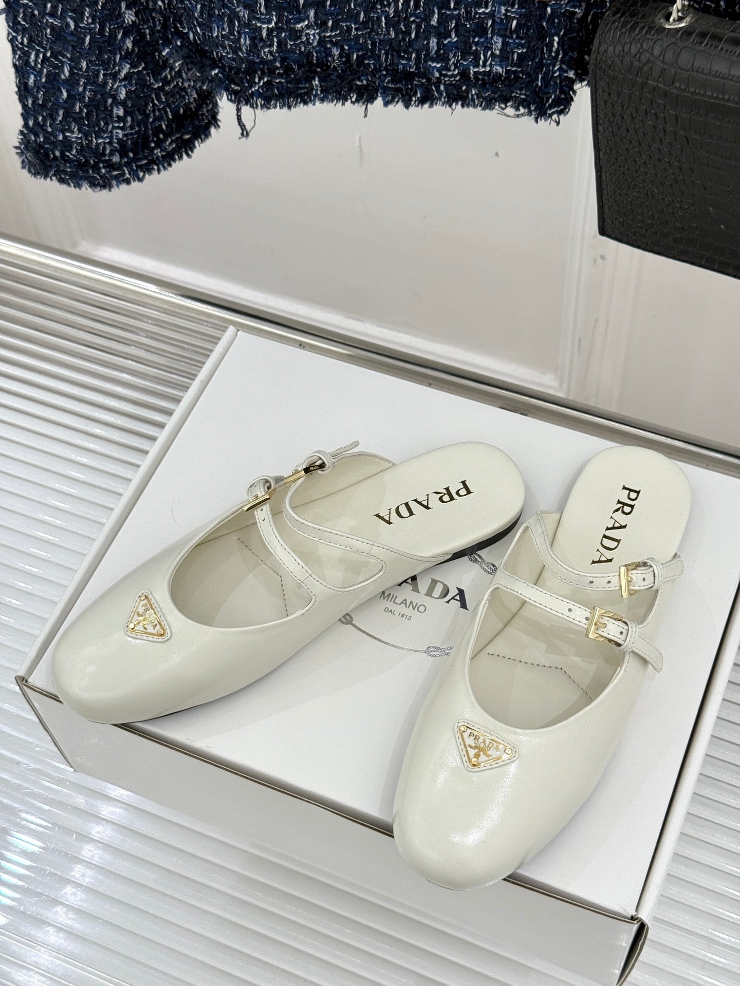 PRADA 25S DUAL MARY JANE BALLERINA MULES IN IVORY CALFSKIN