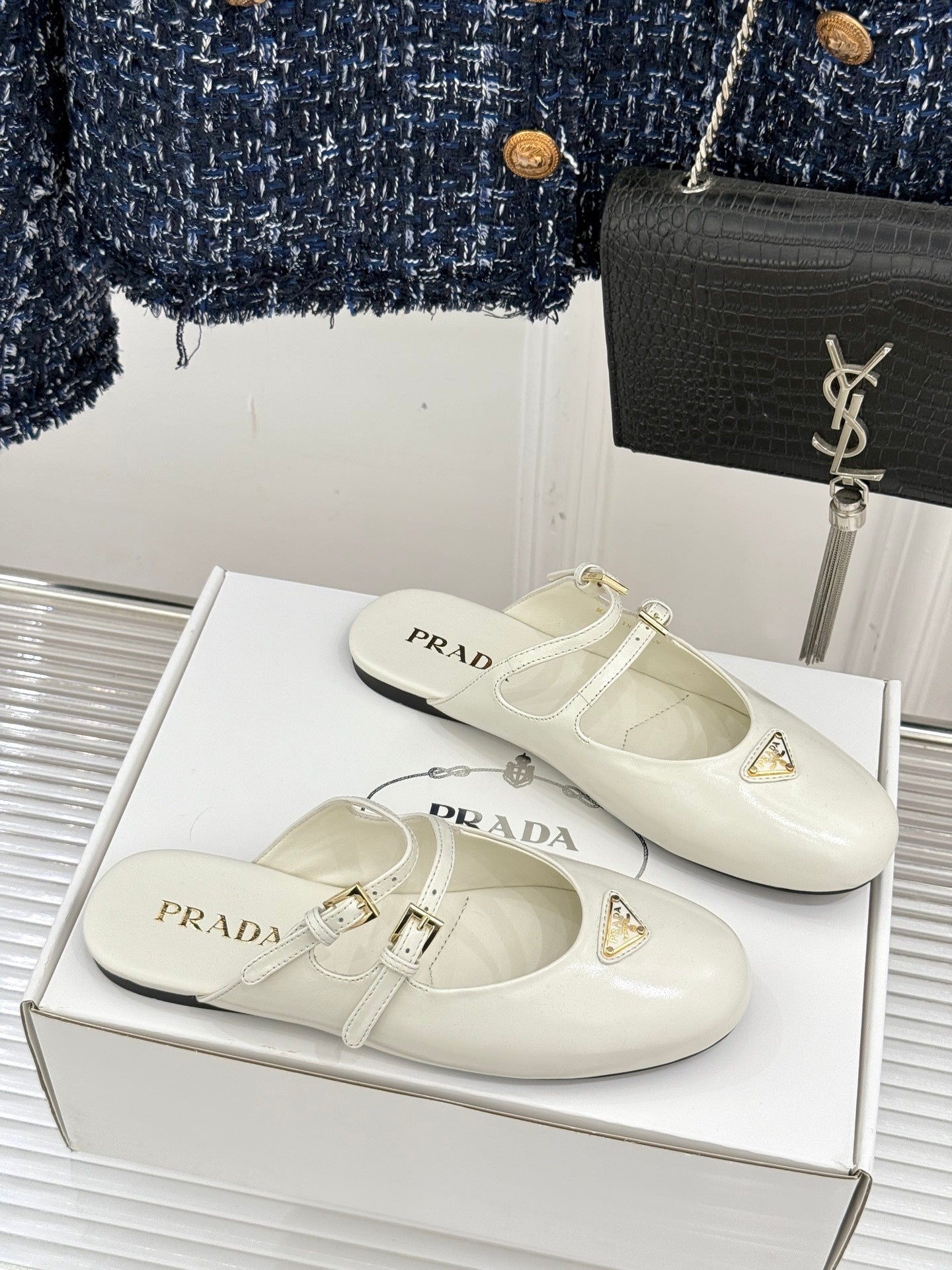 PRADA 25S DUAL MARY JANE BALLERINA MULES IN IVORY CALFSKIN