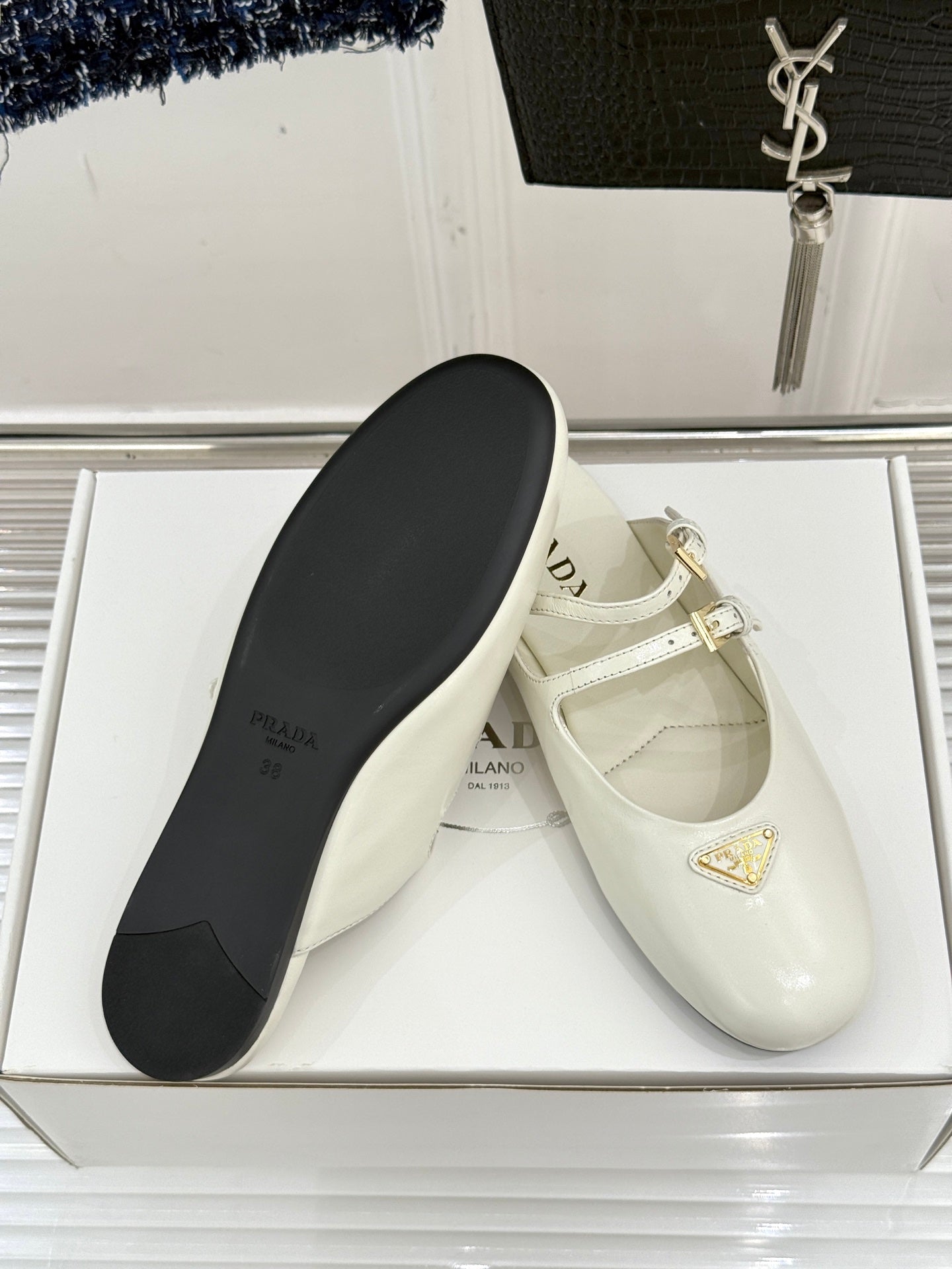 PRADA 25S DUAL MARY JANE BALLERINA MULES IN IVORY CALFSKIN