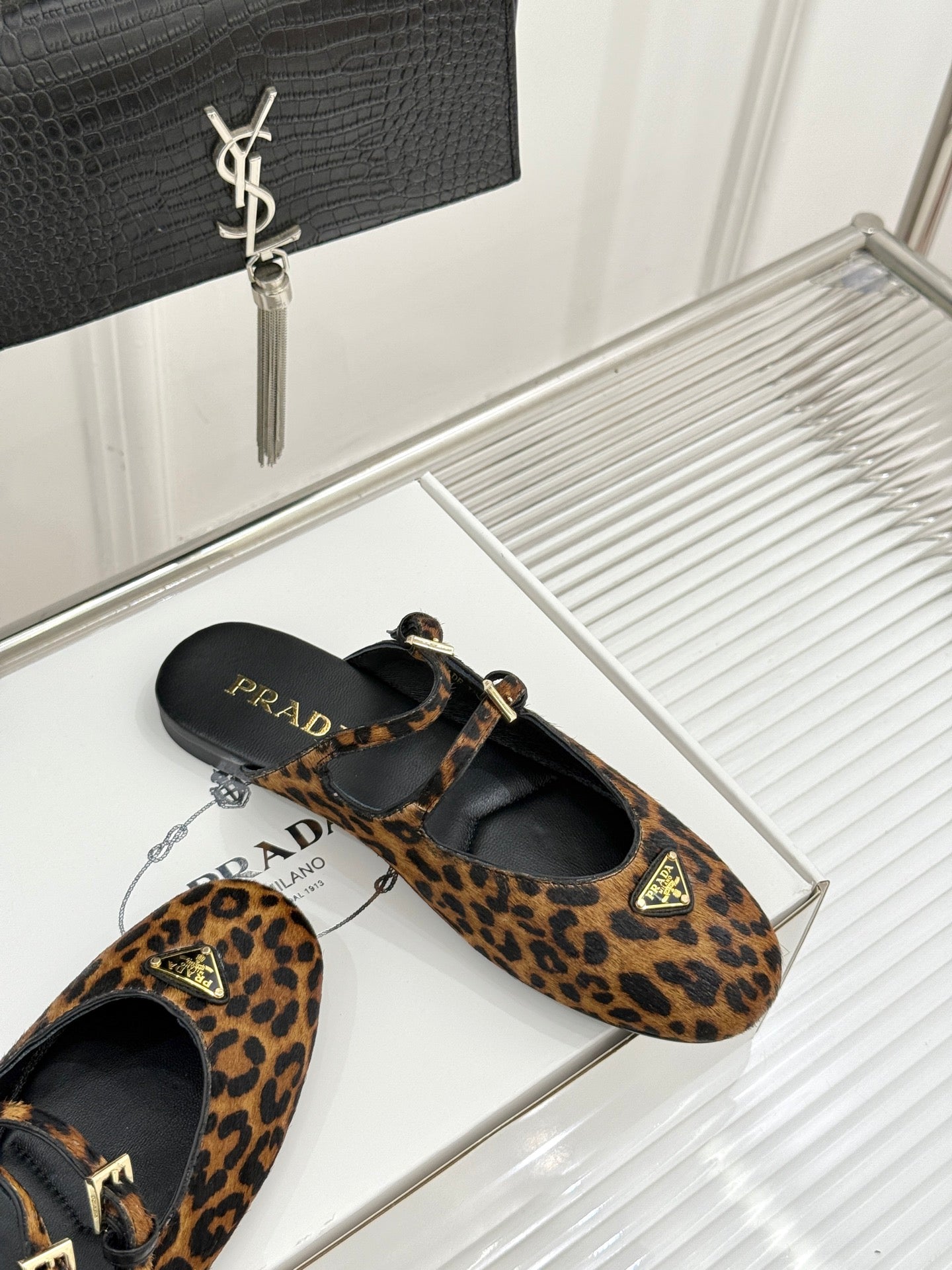 PRADA 25S DUAL MARY JANE BALLERINA MULES IN LEOPARD PRINT PONY HAIR