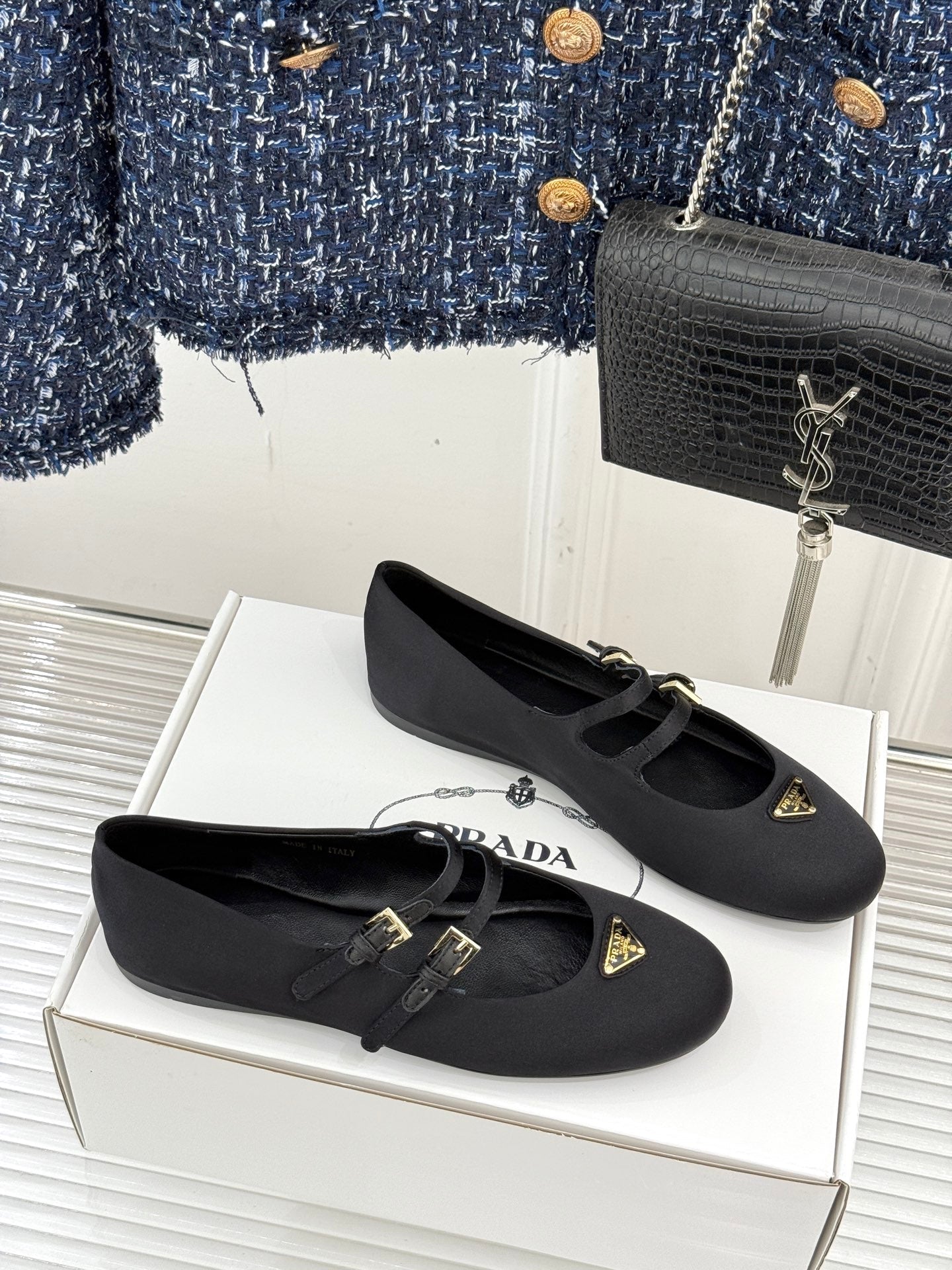 PRADA 25S DOUBLE STRAP BALLERINAS IN BLACK SATIN