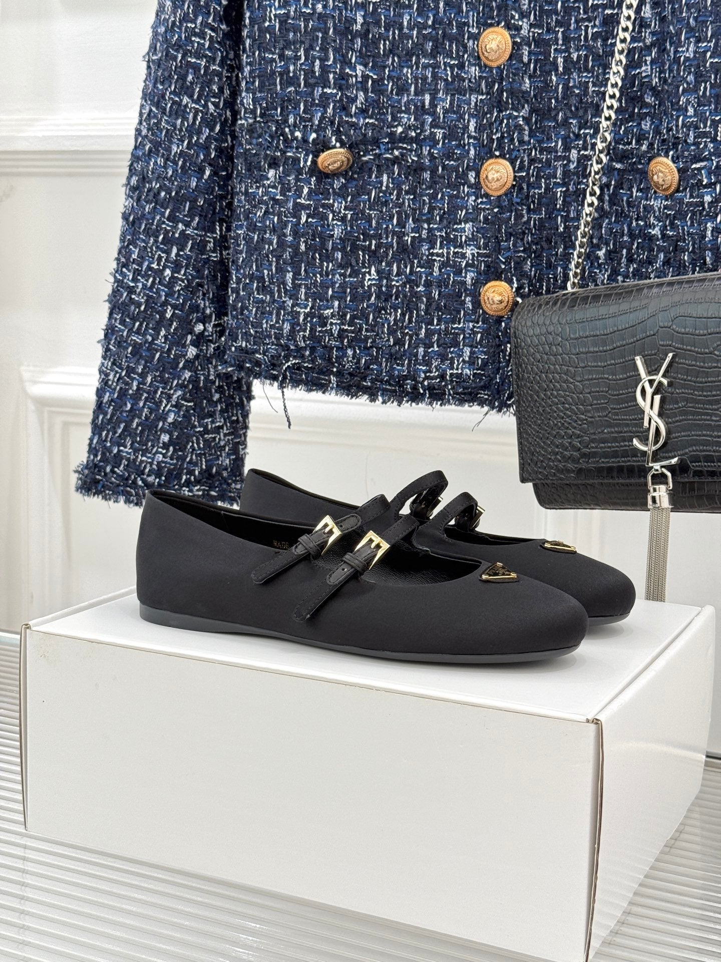 PRADA 25S DOUBLE STRAP BALLERINAS IN BLACK SATIN