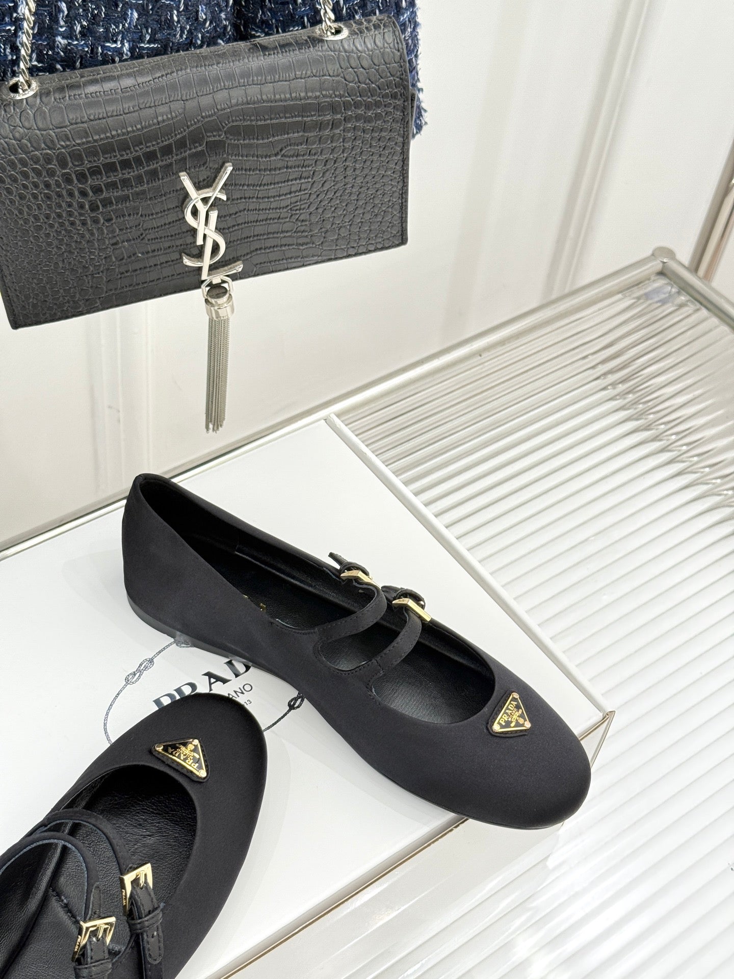PRADA 25S DOUBLE STRAP BALLERINAS IN BLACK SATIN