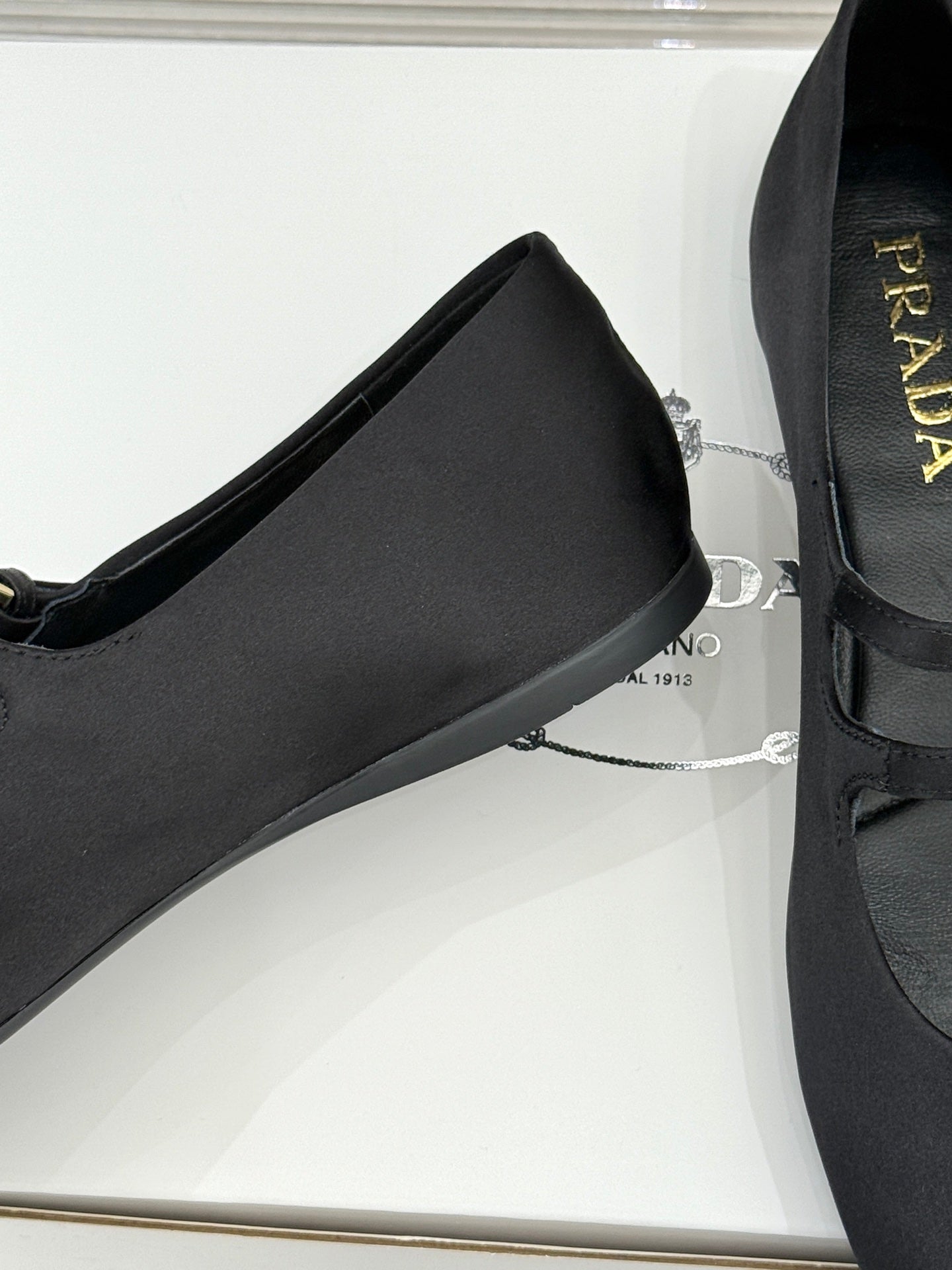 PRADA 25S DOUBLE STRAP BALLERINAS IN BLACK SATIN