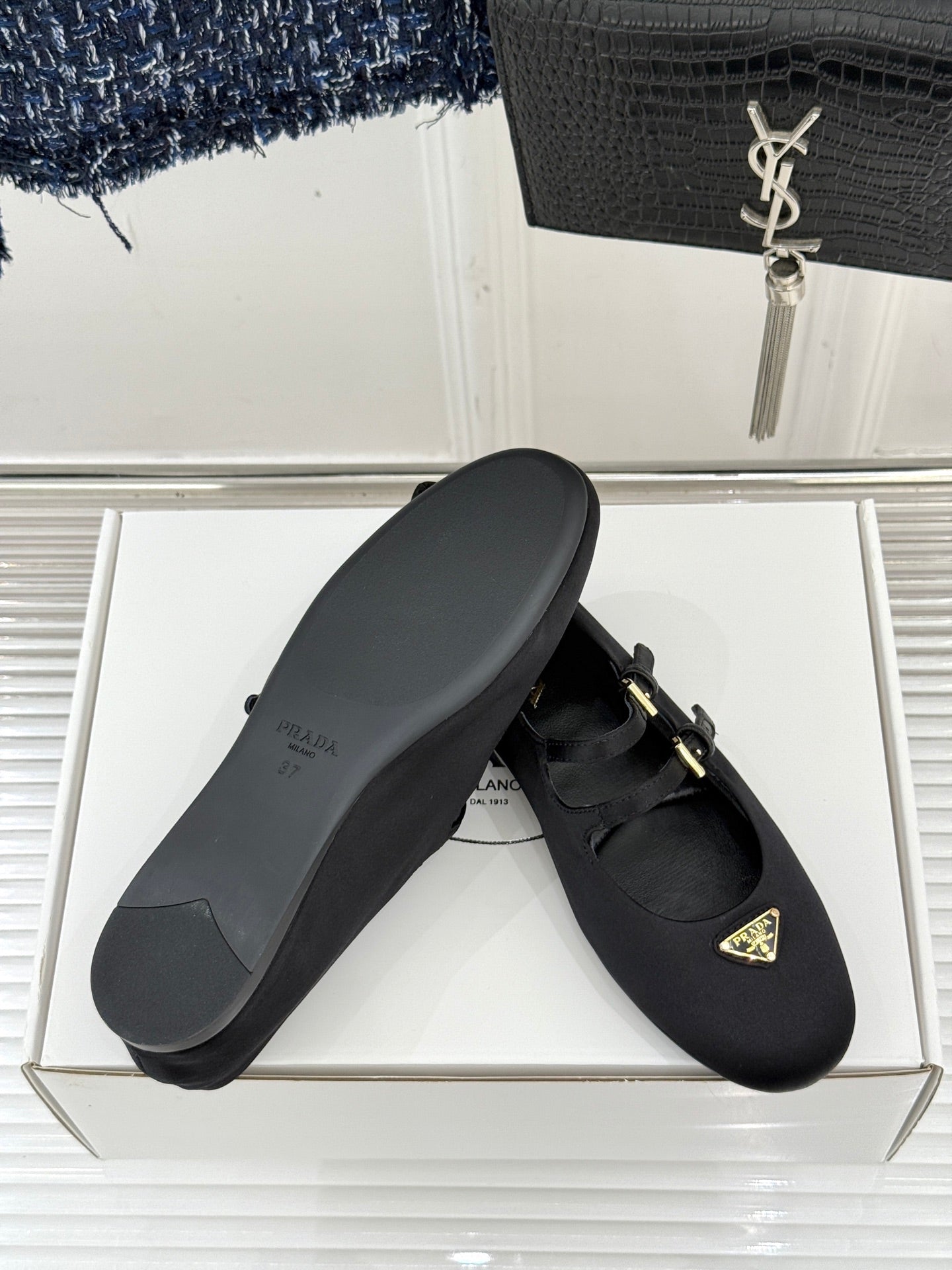 PRADA 25S DOUBLE STRAP BALLERINAS IN BLACK SATIN
