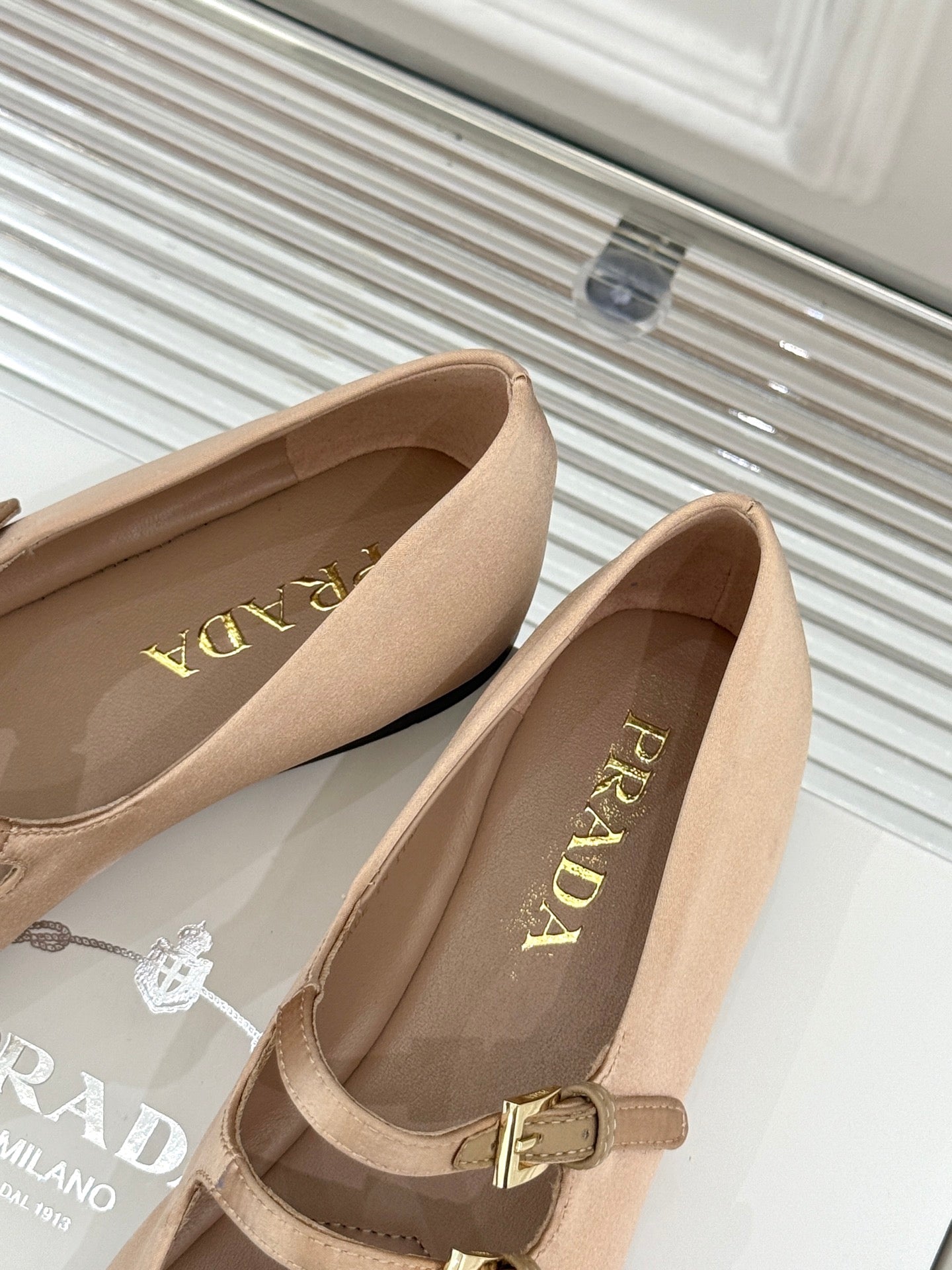 PRADA 25S DOUBLE STRAP BALLERINAS IN NUDE SATIN