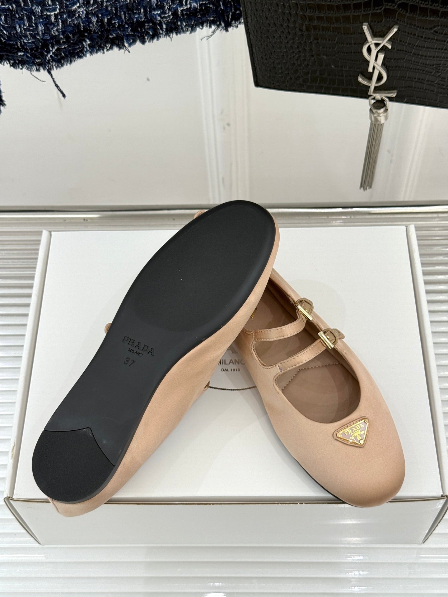 PRADA 25S DOUBLE STRAP BALLERINAS IN NUDE SATIN