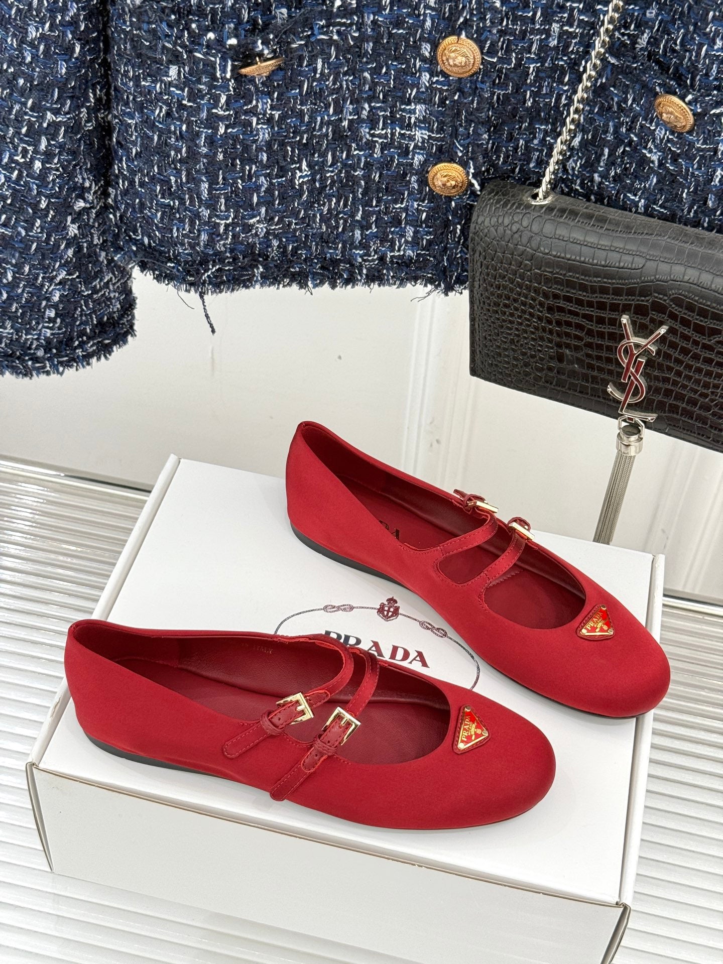 PRADA 25S DOUBLE STRAP BALLERINAS IN RED WINE SATIN