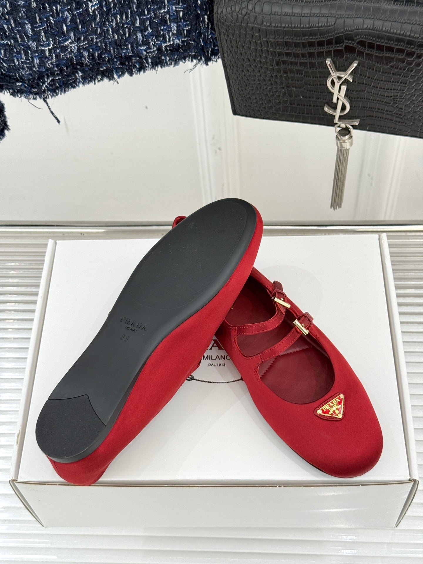 PRADA 25S DOUBLE STRAP BALLERINAS IN RED WINE SATIN