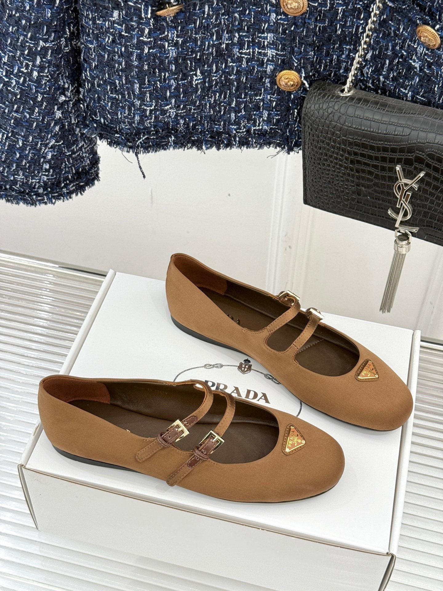 PRADA 25S DOUBLE STRAP BALLERINAS IN DARK BROWN SATIN