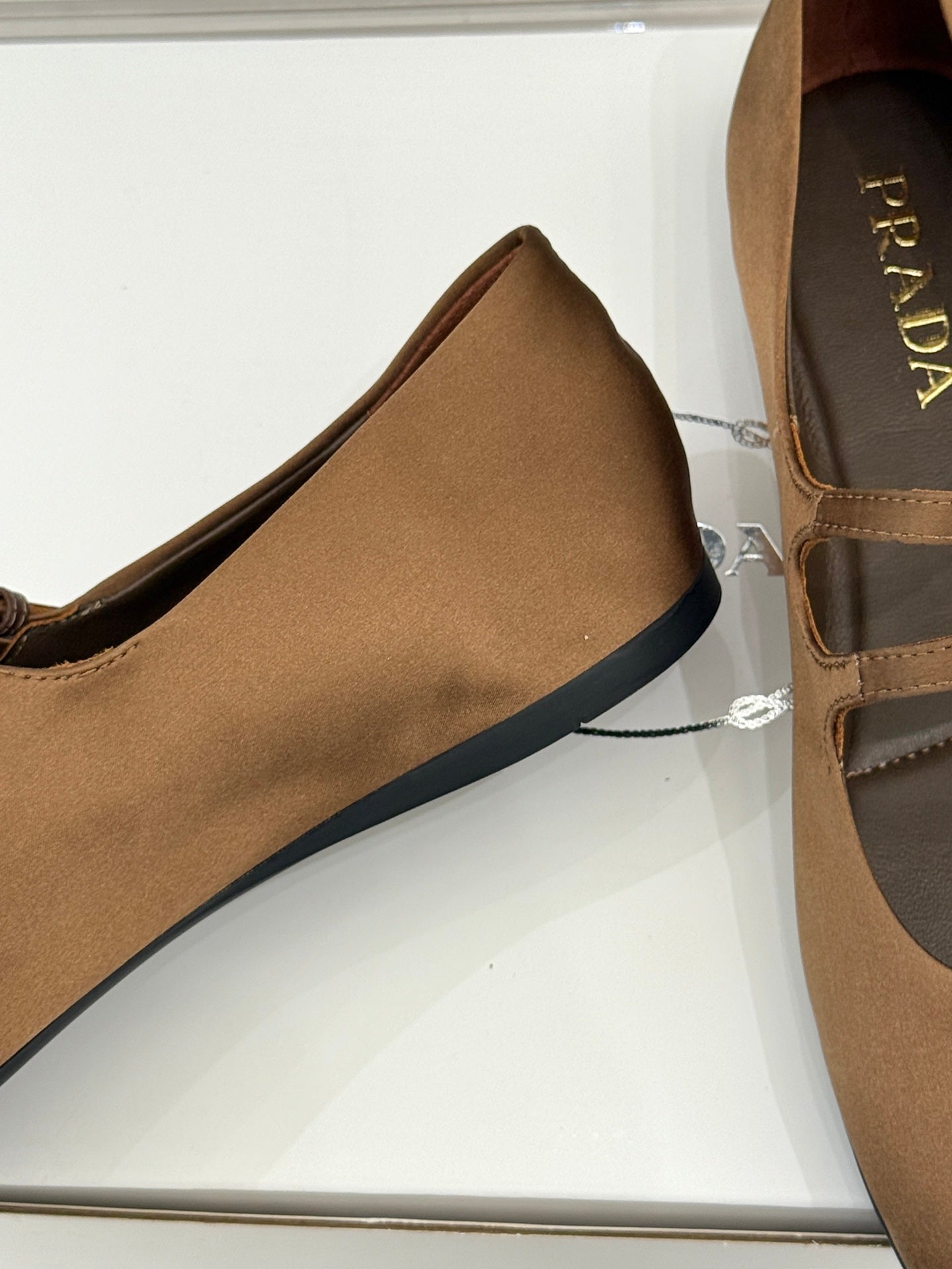 PRADA 25S DOUBLE STRAP BALLERINAS IN DARK BROWN SATIN