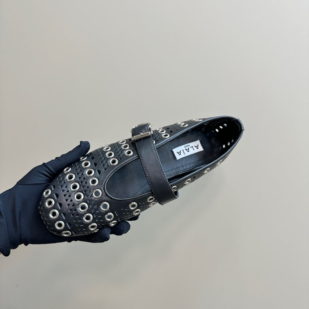 STRASS BALLET FLATS IN BLACK CALFSKIN