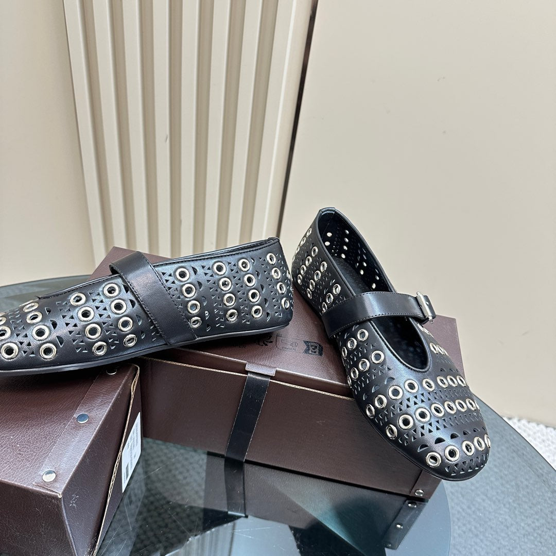 STRASS BALLET FLATS IN BLACK CALFSKIN