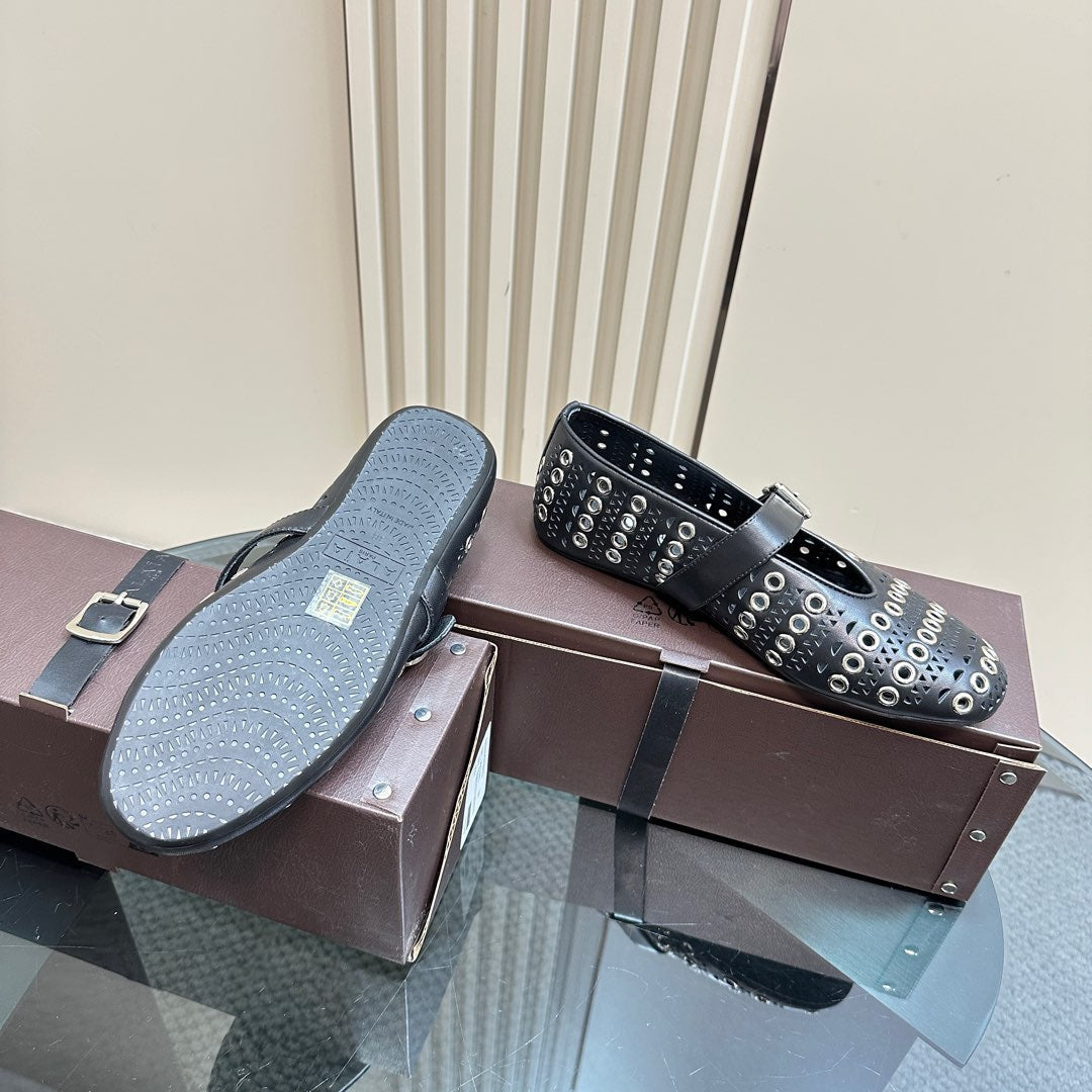 STRASS BALLET FLATS IN BLACK CALFSKIN