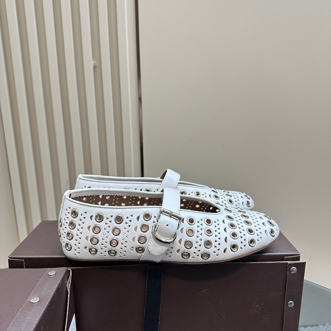 STRASS BALLET FLATS IN WHITE CALFSKIN