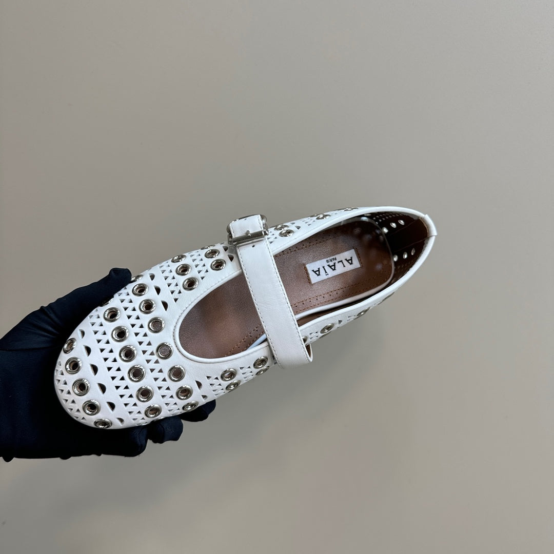 STRASS BALLET FLATS IN WHITE CALFSKIN