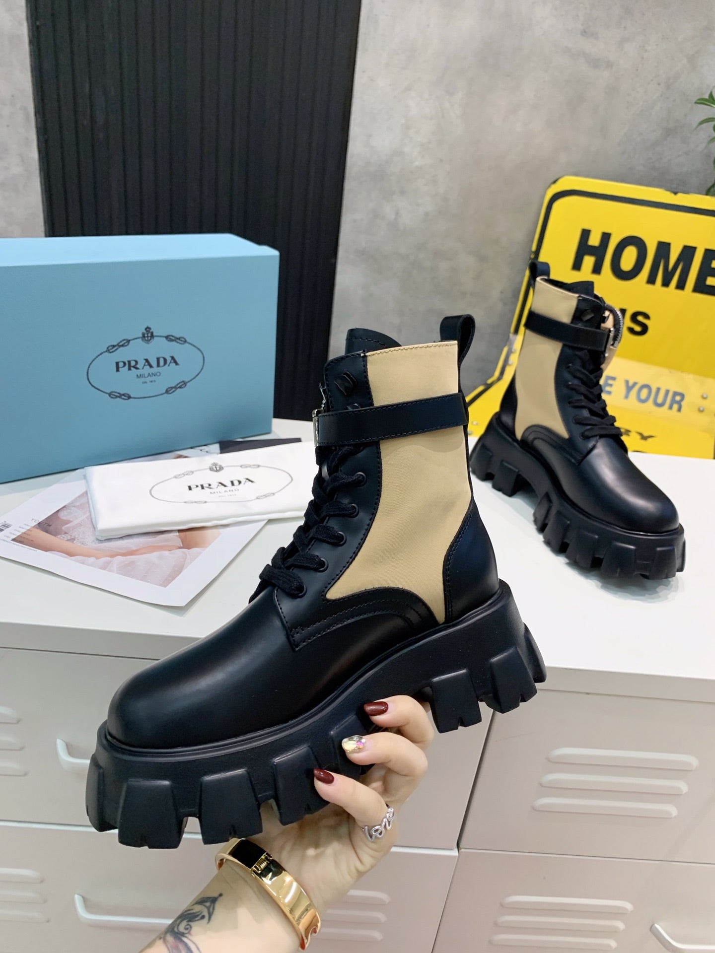 PRADA 25S MONOLITH BRUSHED AND RE NYLON BOOTS WITH POUCH BLACK AND MUTED OLIVE
