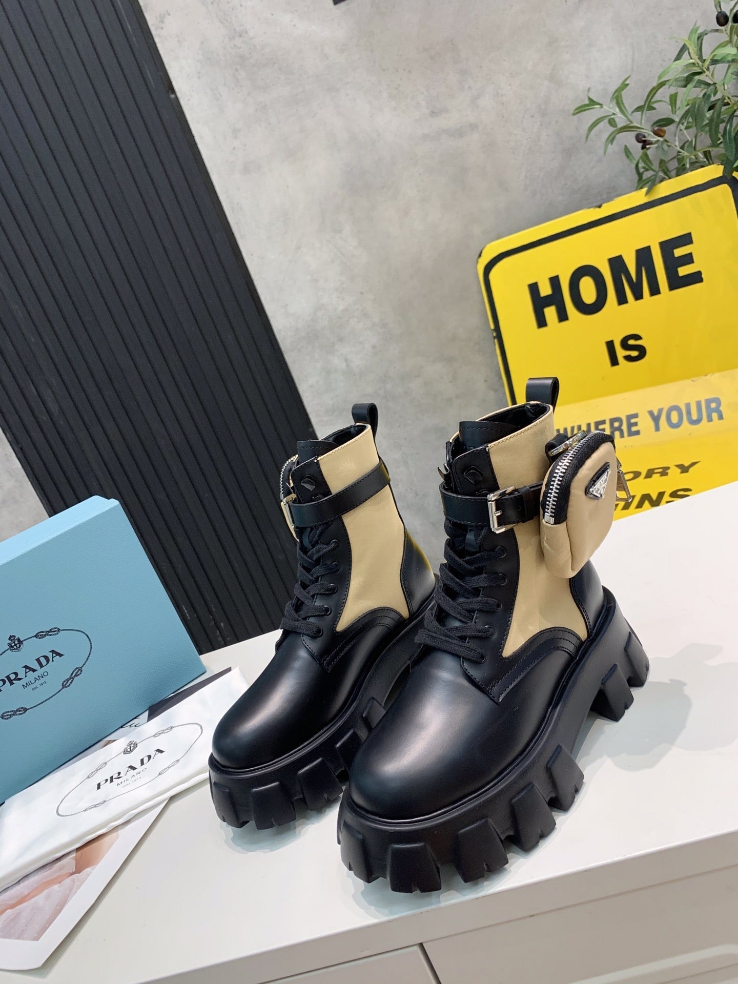 PRADA 25S MONOLITH BRUSHED AND RE NYLON BOOTS WITH POUCH BLACK AND MUTED OLIVE