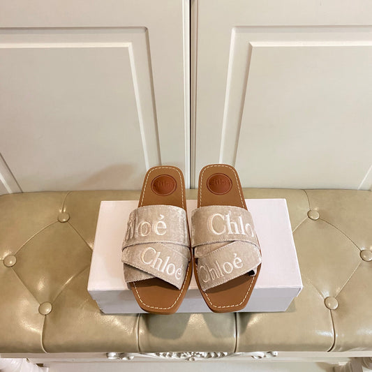 WOODY SLIDES IN LIGHT BEIGE IN VELVET WITH EMBROIDERED LOGO STRAPS