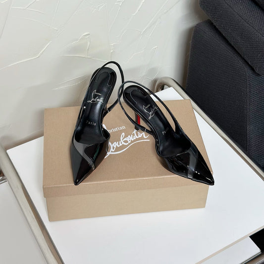 TRANSPARENT PANEL SLING BACK PUMPS IN BLACK PATENT CALFSKIN